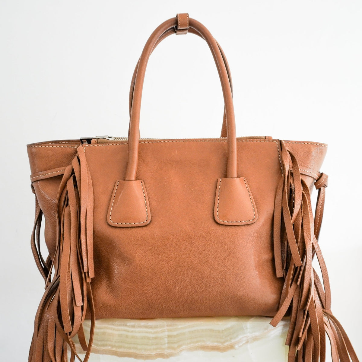 Prada Glacé Calf Fringed Twin Pocket Satchel Tote (RRP £1400) | Authentic Preloved - Reloved Again