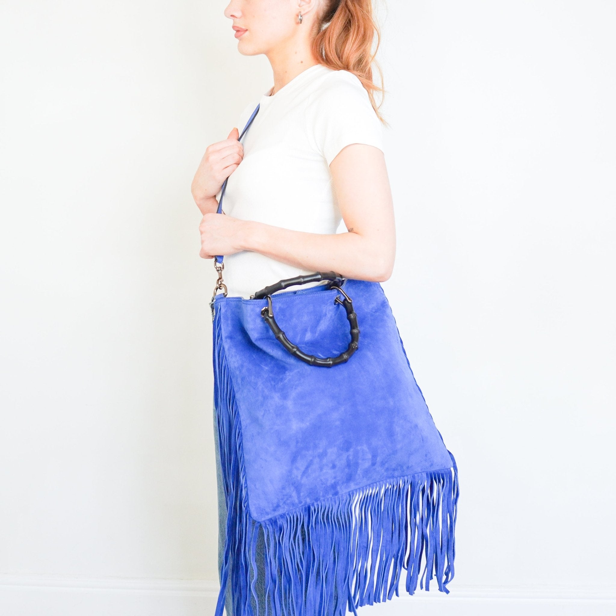 Gucci Blue Suede Borsa Bamboo Shopper Bag (RRP £1200) | Authentic Preloved - Reloved Again