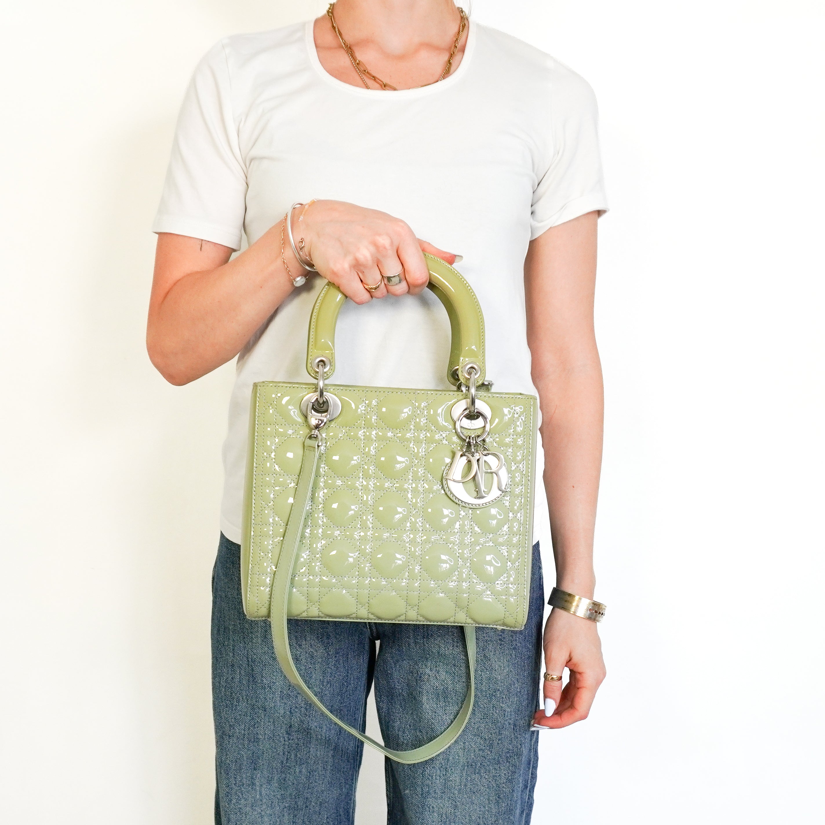 Dior Medium Lady Dior Bag Mint Green Patent Cannage Lambskin (RRP £5300) | Authentic Preloved