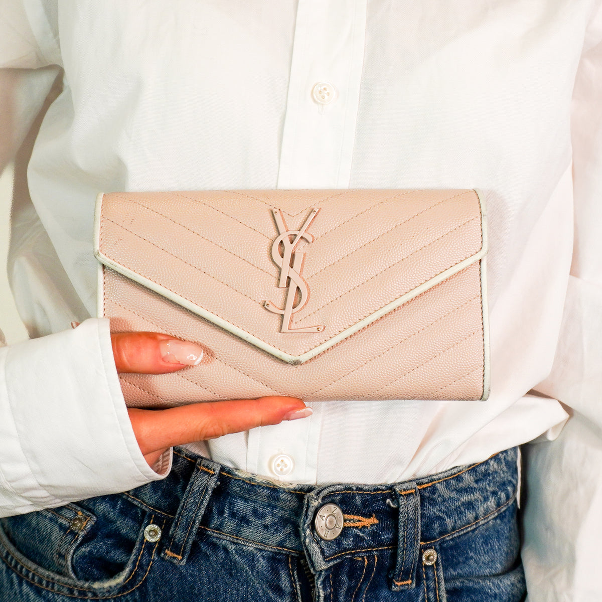 Saint Laurent Blush Grain Envelope Wallet (RRP £1100) | Authentic Preloved
