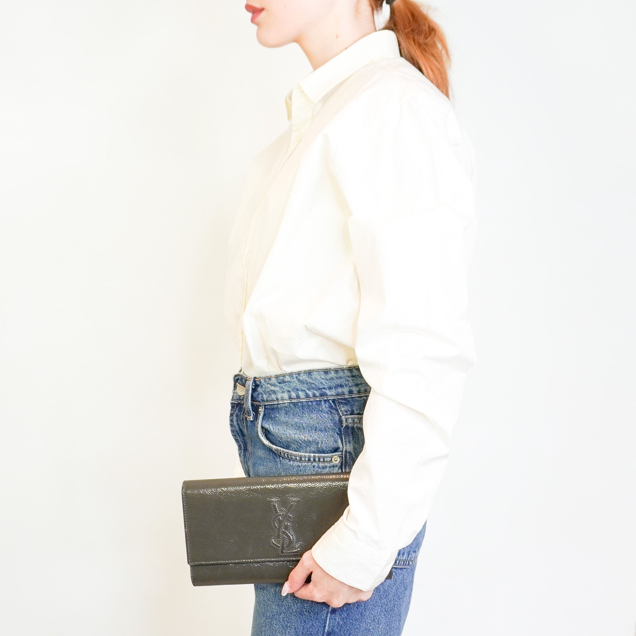 Saint Laurent Medium Front Flap Pouch in Grey Patent Leather (RRP £750) | Authentic Preloved
