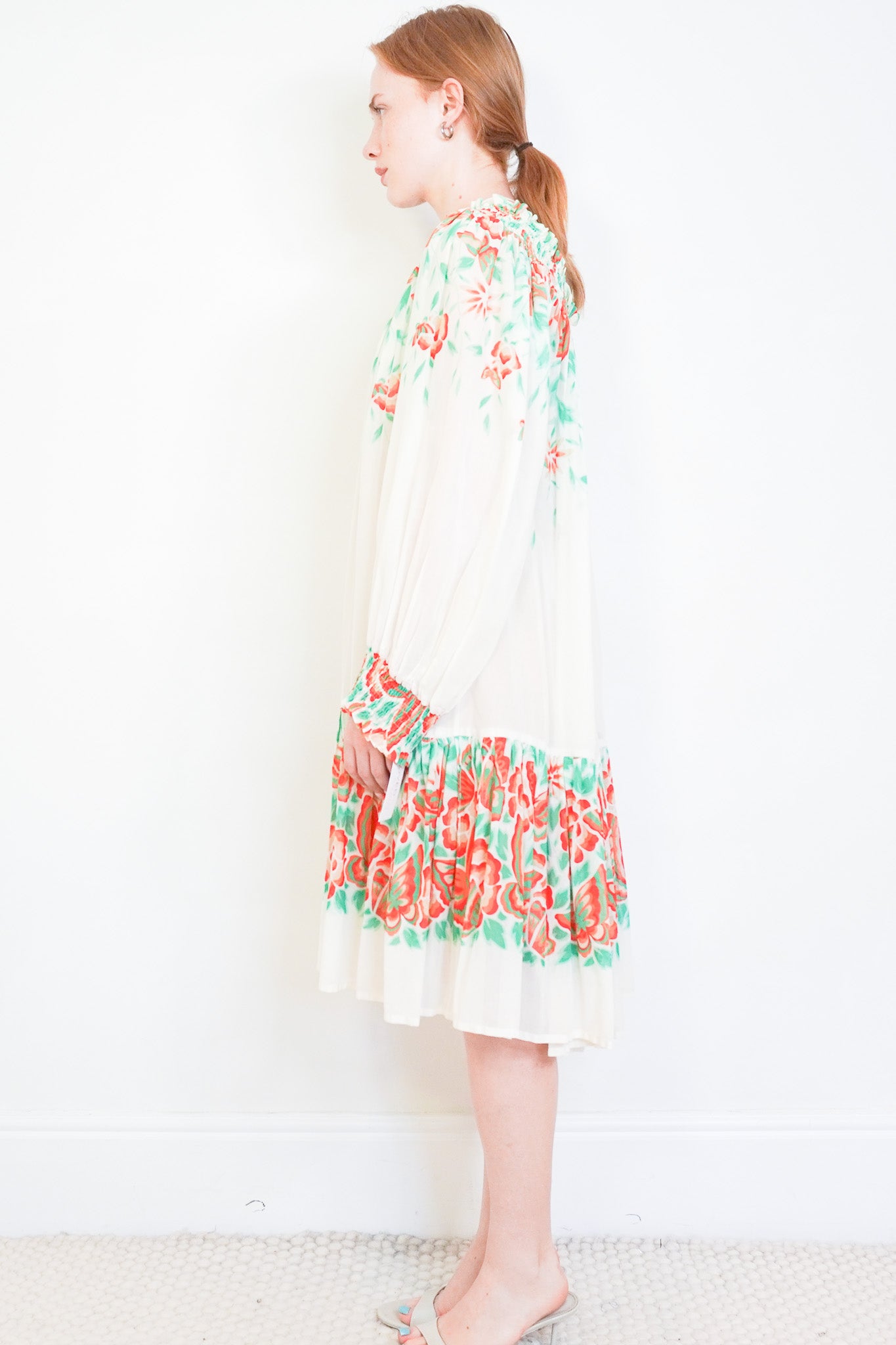Saint Laurent Floral Print Smocked Dress in White, Green & Red (RRP £450) FINAL SALE | Authentic & Preloved - Reloved Again