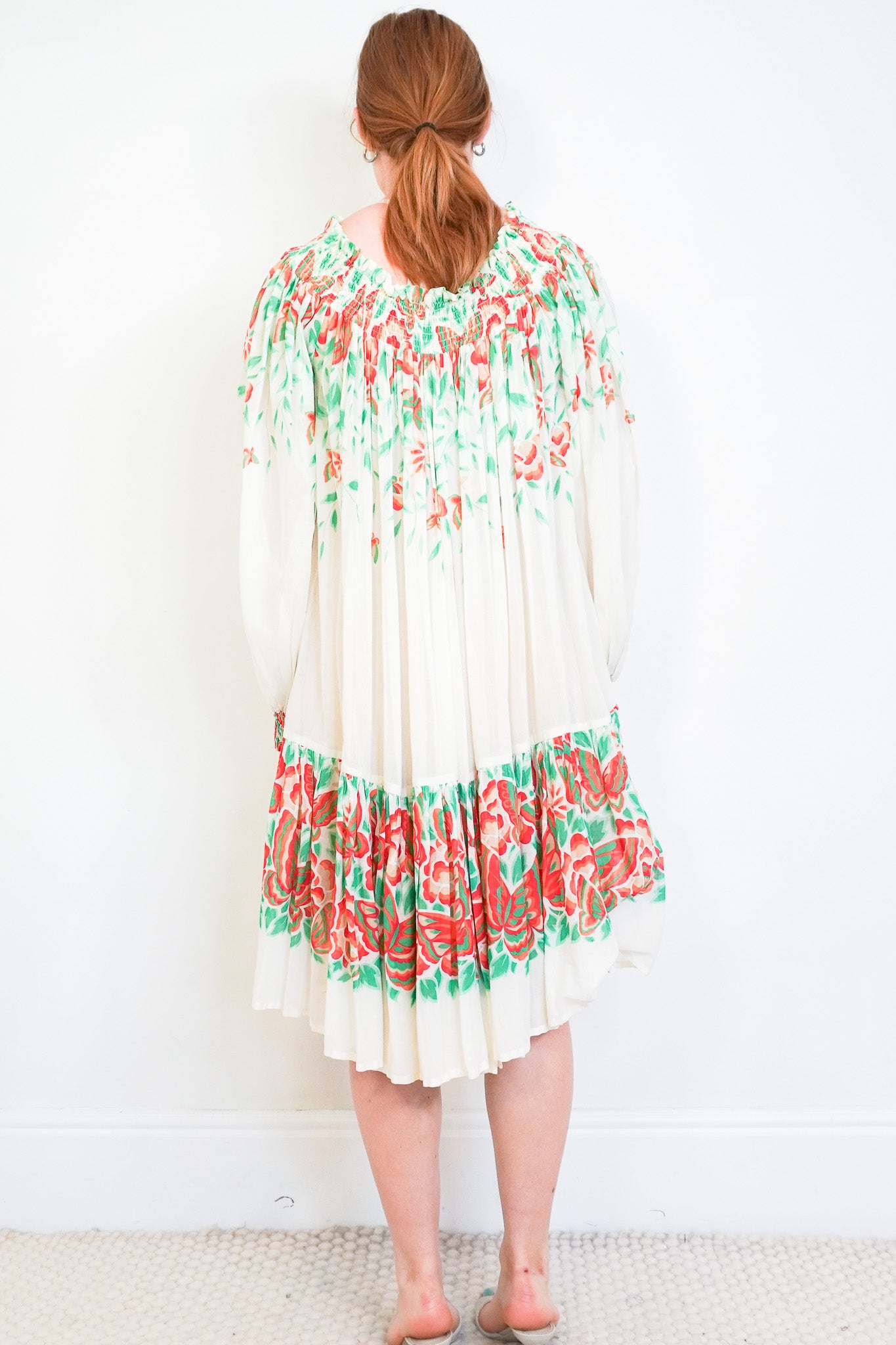 Saint Laurent Floral Print Smocked Dress in White, Green & Red (RRP £450) FINAL SALE | Authentic & Preloved - Reloved Again