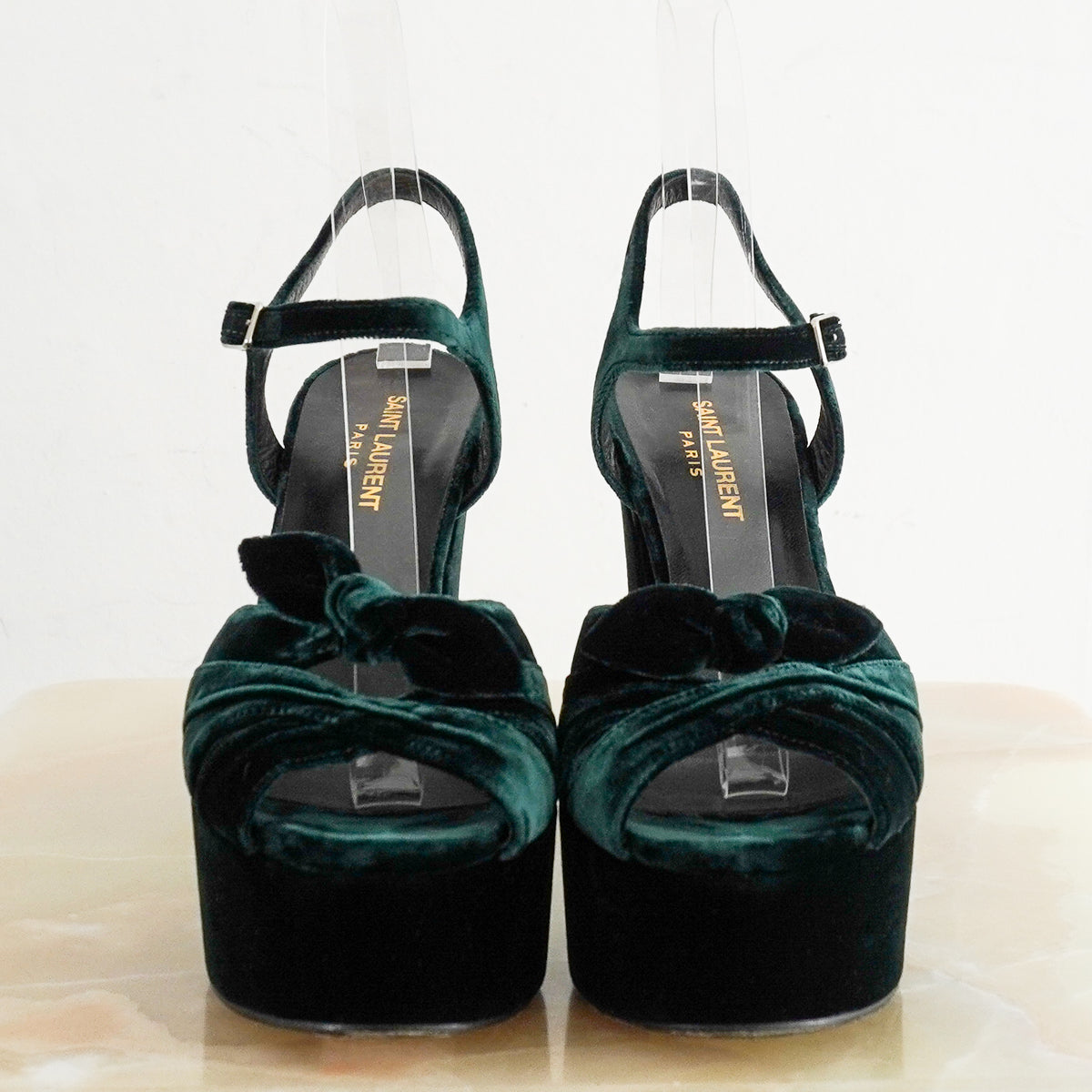 Saint Laurent Farrah Velvet Platform Sandals in Bottle Green (RRP £750) | Authentic Preloved - Reloved Again