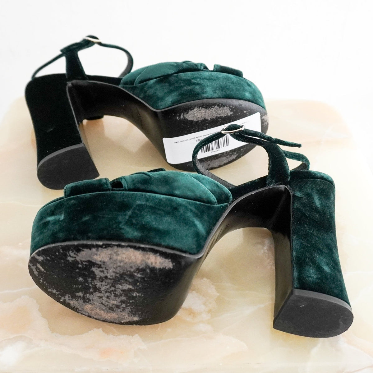 Saint Laurent Farrah Velvet Platform Sandals in Bottle Green (RRP £750) | Authentic Preloved - Reloved Again