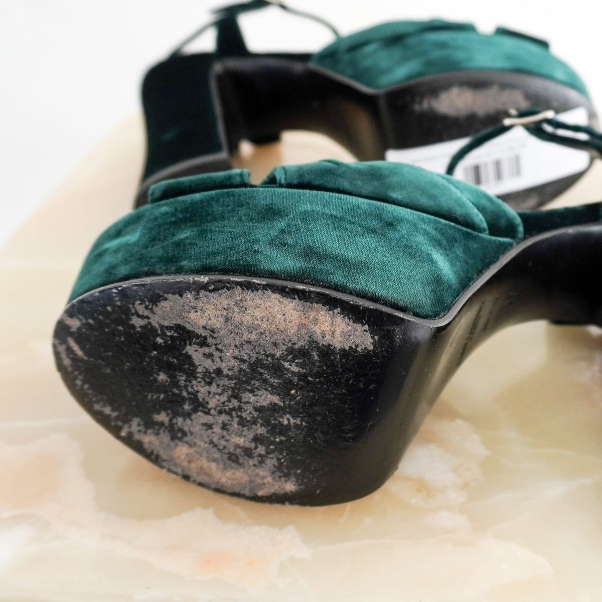 Saint Laurent Farrah Velvet Platform Sandals in Bottle Green (RRP £750) | Authentic Preloved - Reloved Again