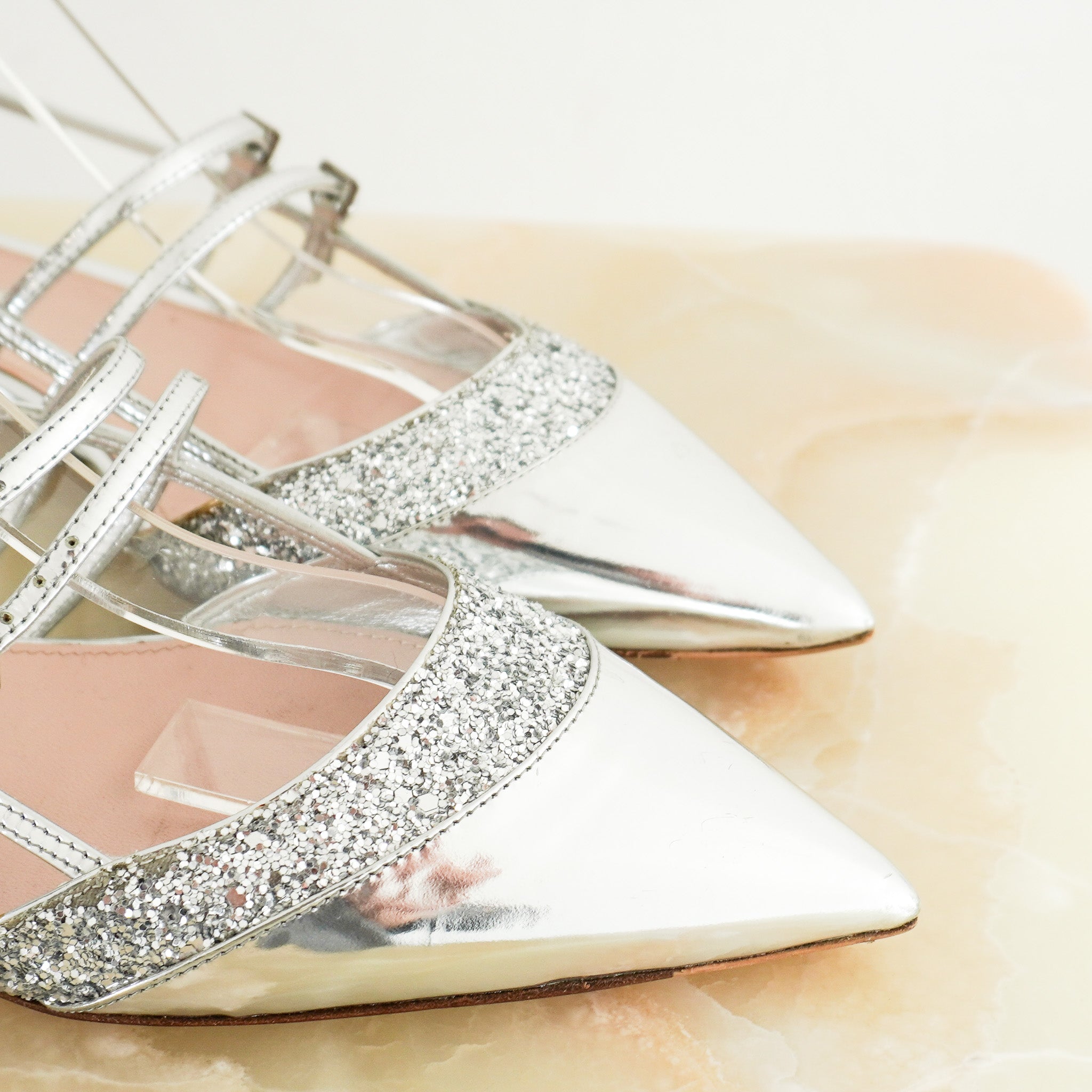 Miu Miu Silver Metallic and Glitter Slingback Flats (RRP £835) | Authentic Preloved