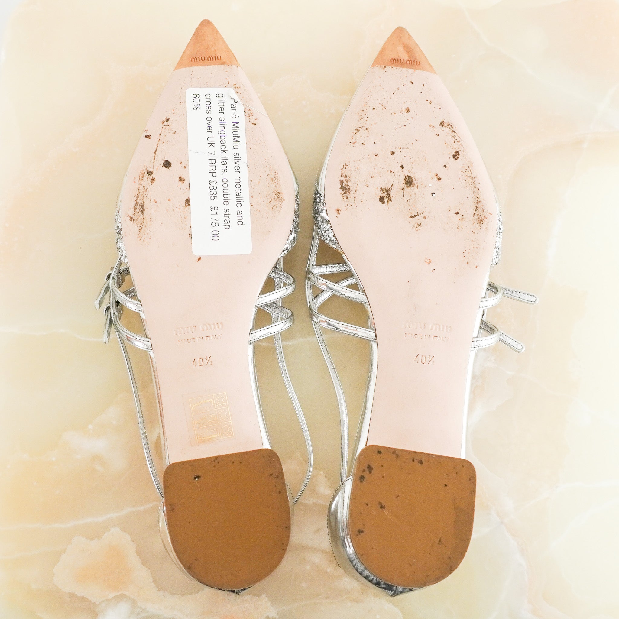 Miu Miu Silver Metallic and Glitter Slingback Flats (RRP £835) | Authentic Preloved