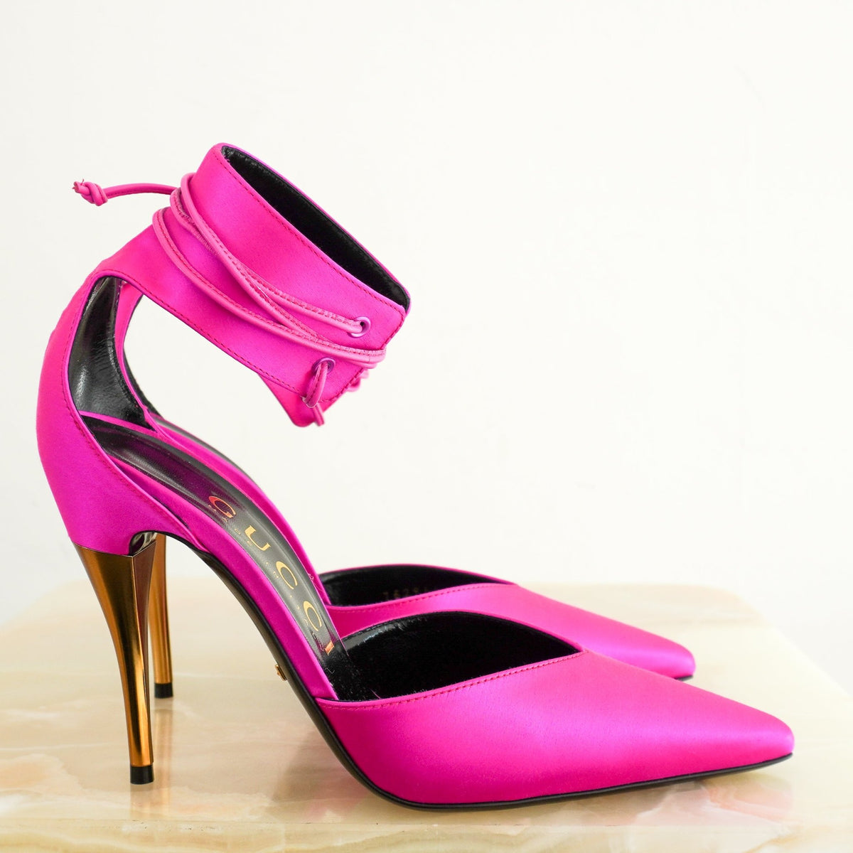 Gucci Pink Satin Lace-Up Ankle Strap Pumps (RRP £1500) | Authentic Preloved - Reloved Again