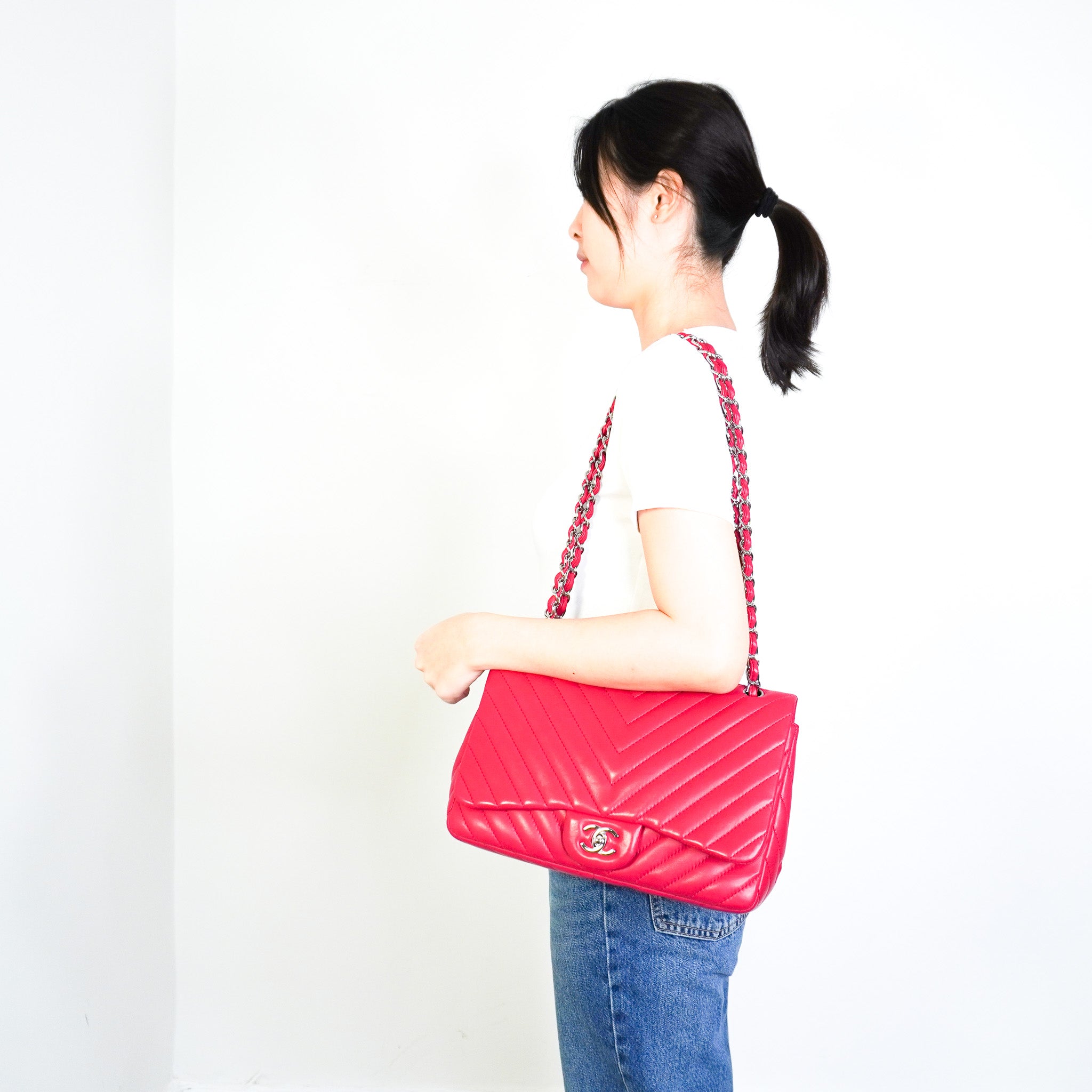 Chanel Chevron Fuchsia Quilted Jumbo Single Flap Bag RRP £5000 | Authentic Preloved - Reloved Again