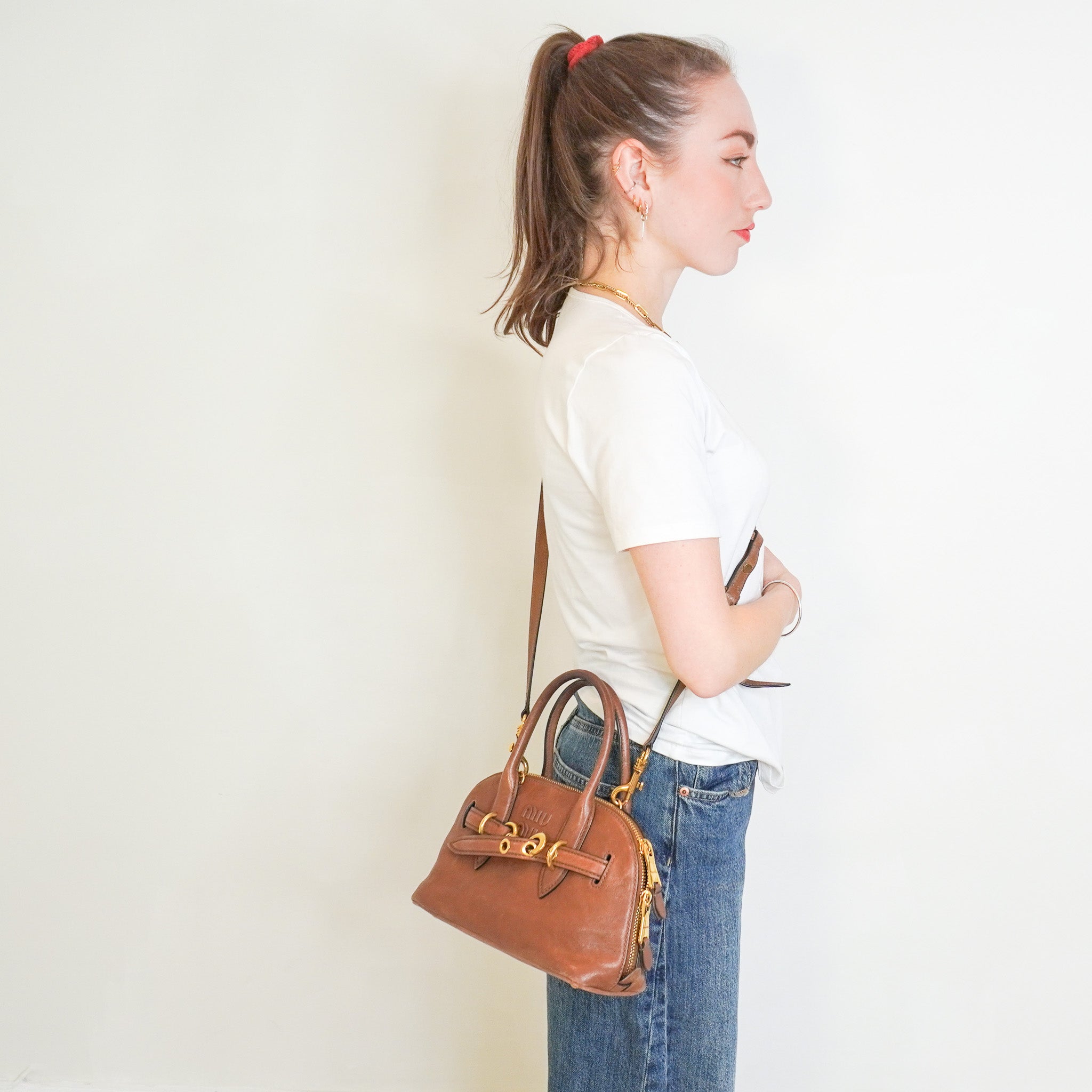 Miu Miu Adventure Nappa Leather Top Handle Bag in Oak (RRP £2,950) | Authentic Preloved