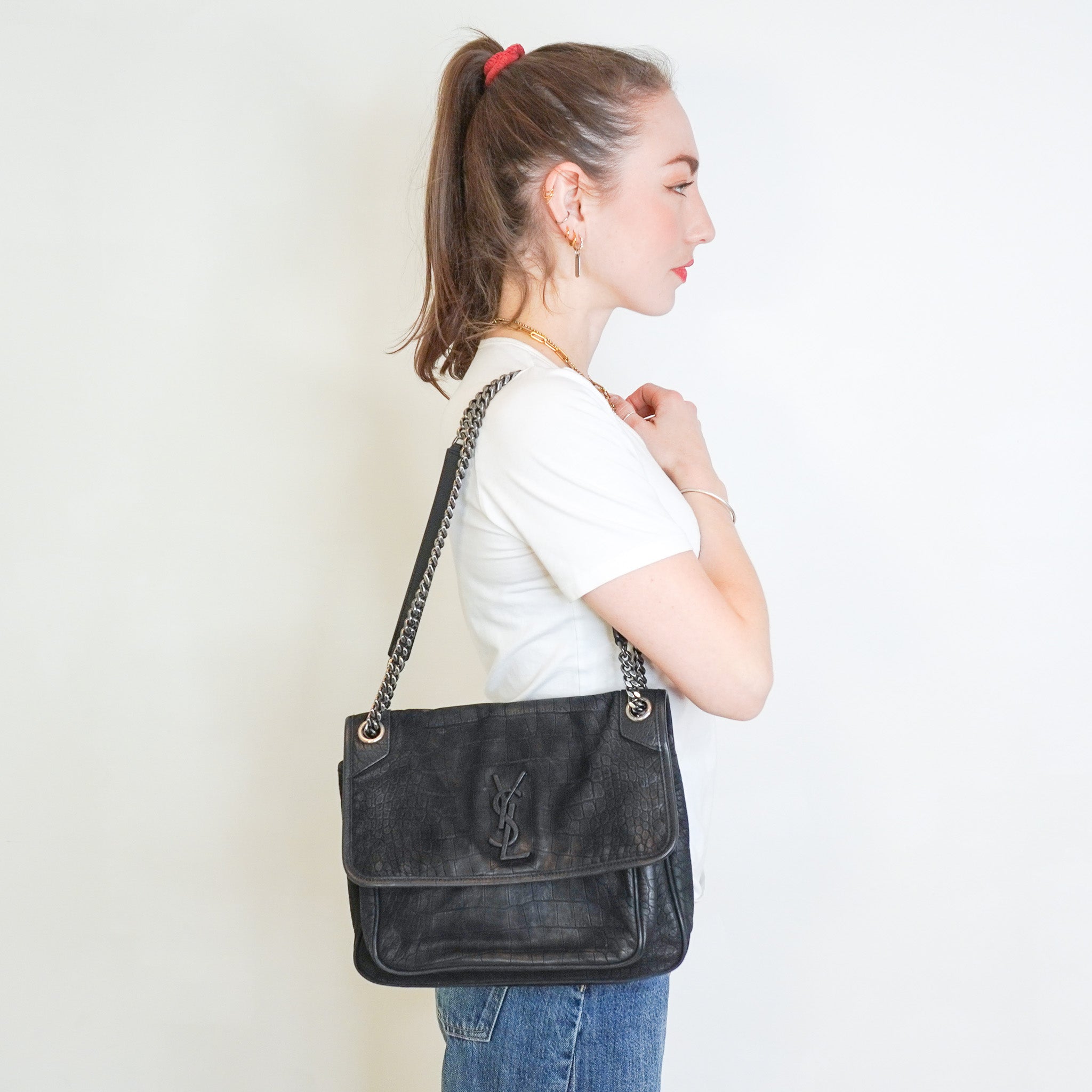 Saint Laurent Niki Shoulder Bag in Black Croc (RRP £1,635) | Authentic Preloved