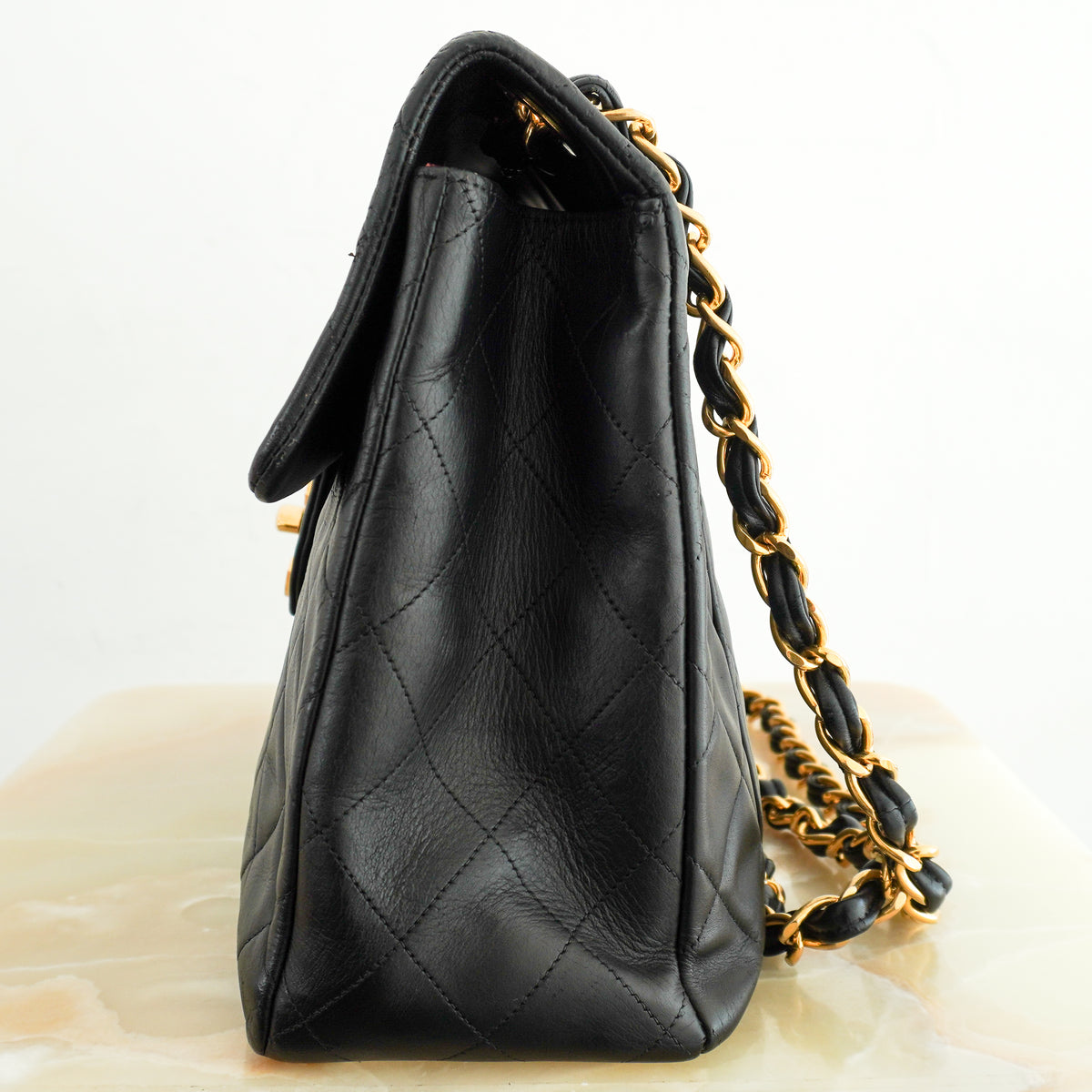 Chanel Vintage XL Black Quilted Lambskin Leather Flap Bag with 24K Gold-Plated Hardware | Authentic Preloved