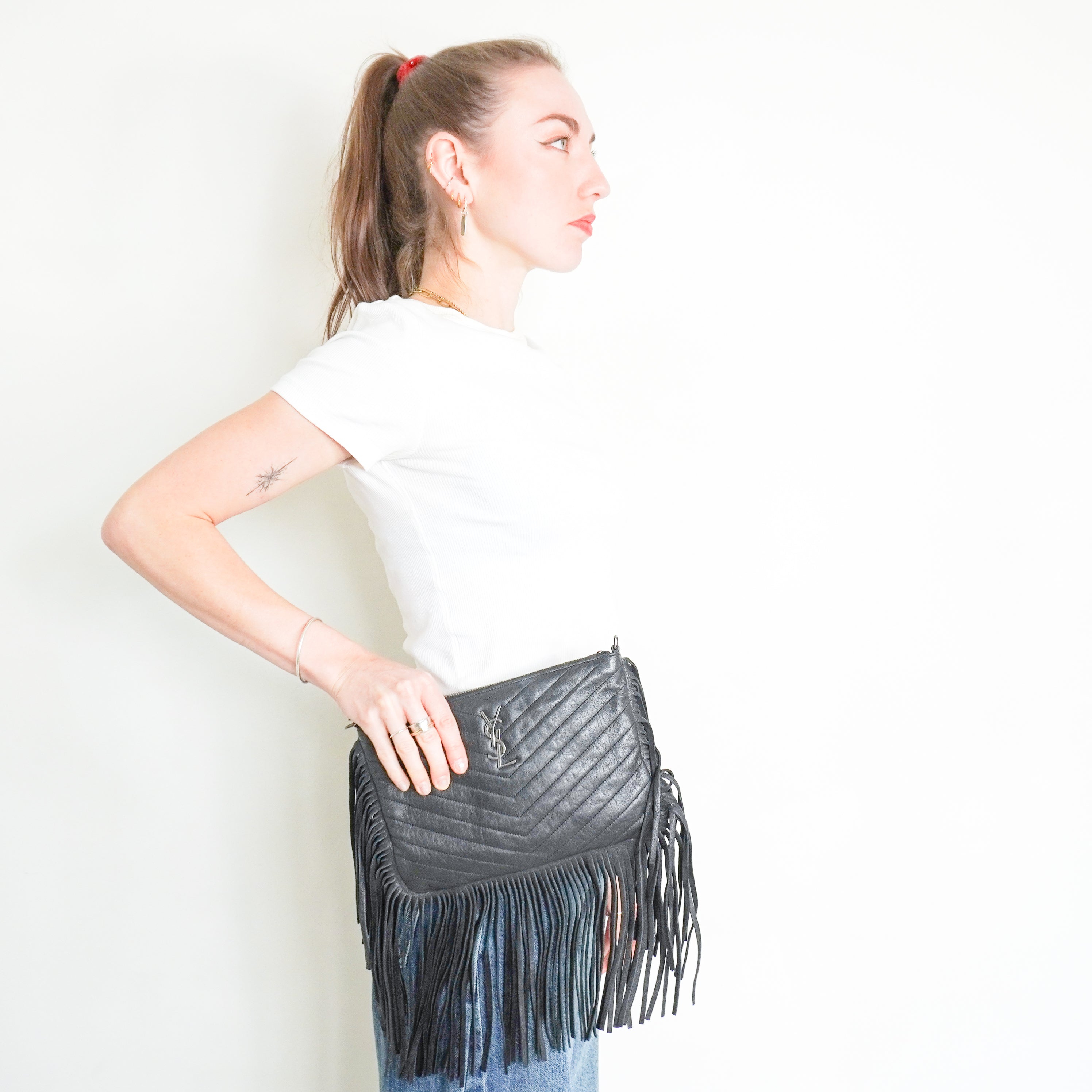 Saint Laurent Monogram Fringe Leather Crossbody Bag in Black (RRP £1350) | Authentic Preloved