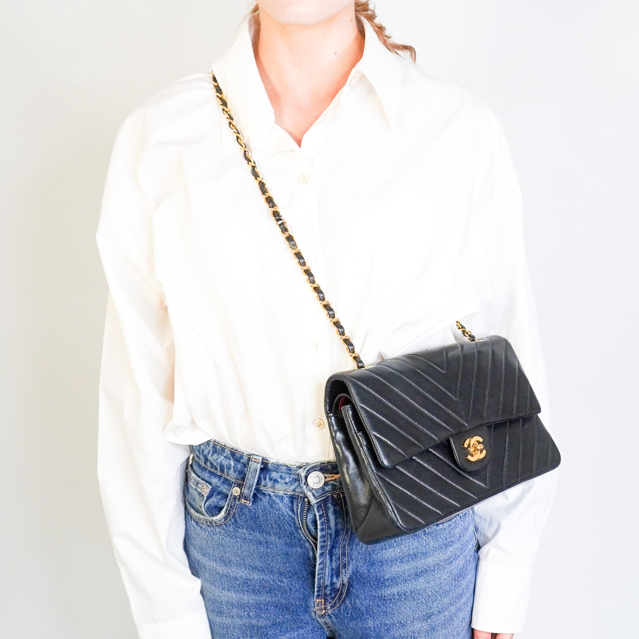 Chanel Classic Chevron Medium Double Flap Bag in Black Lambskin & Gold Hardware | Authentic Preloved - Reloved Again