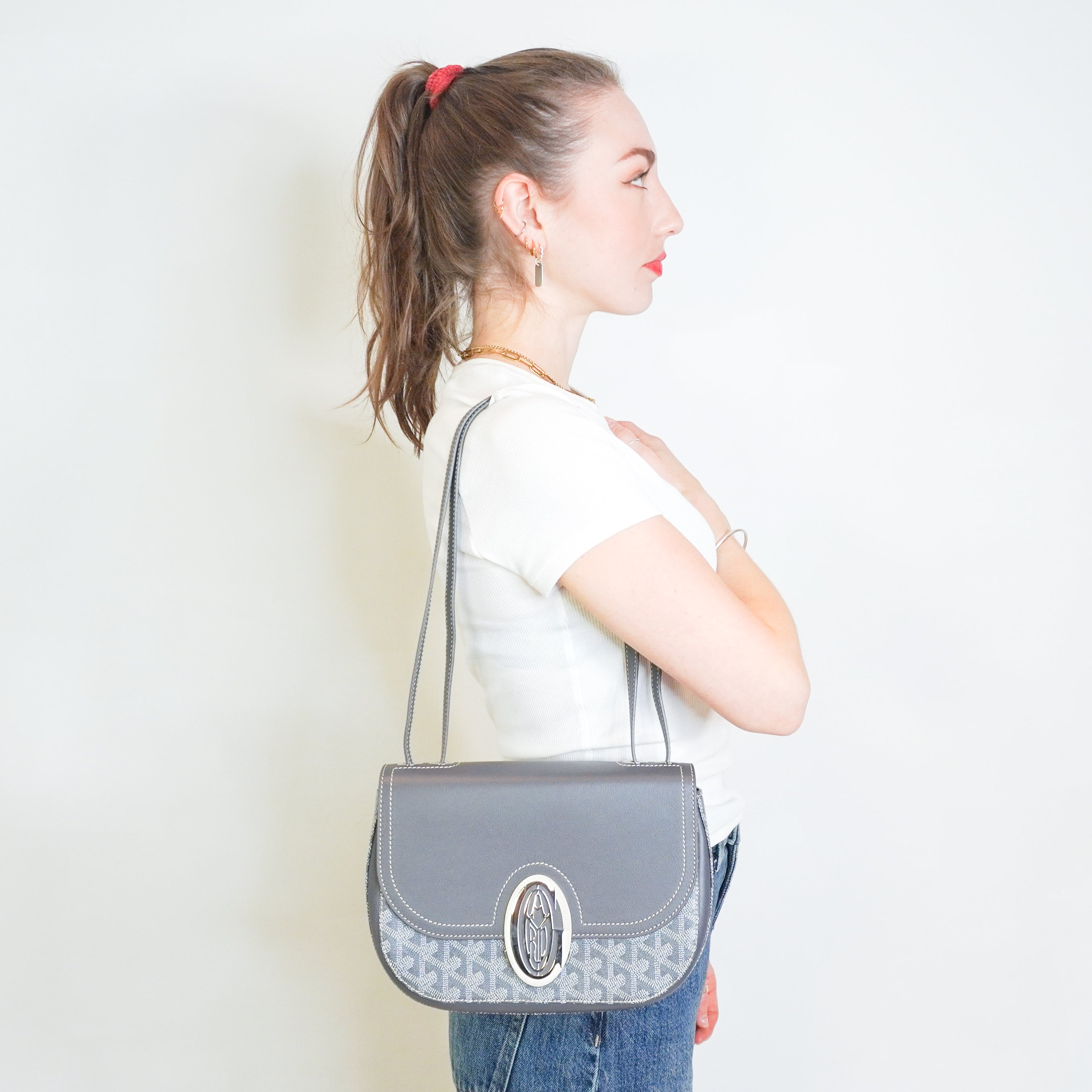 NEW Goyard 233 PM Bag in Grey Goyardine and Taurillon Leather (RRP £2500) | Authentic Preloved