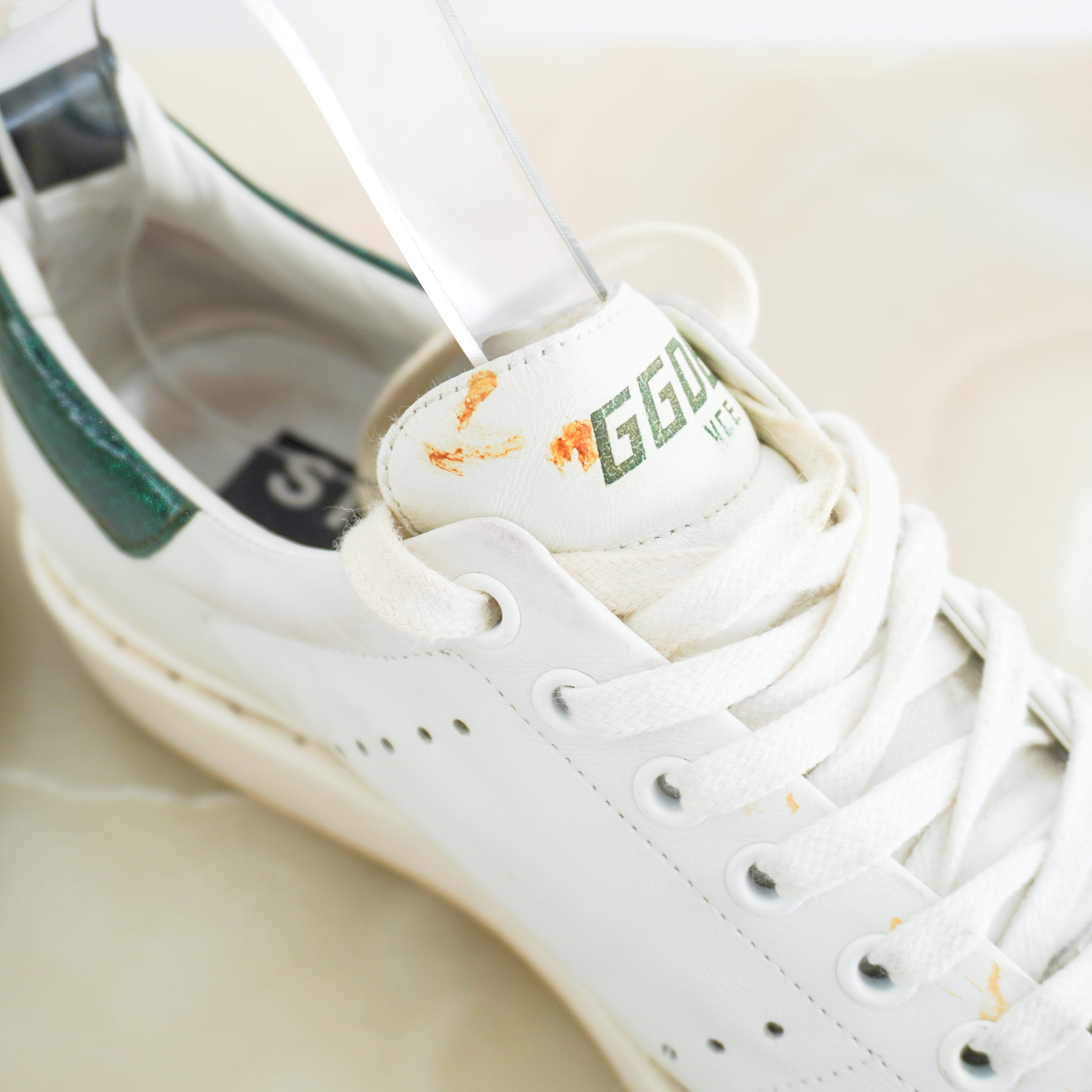 Golden Goose Starter White Leather Trainers Green Glitter Heel RRP £470 | Authentic Preloved