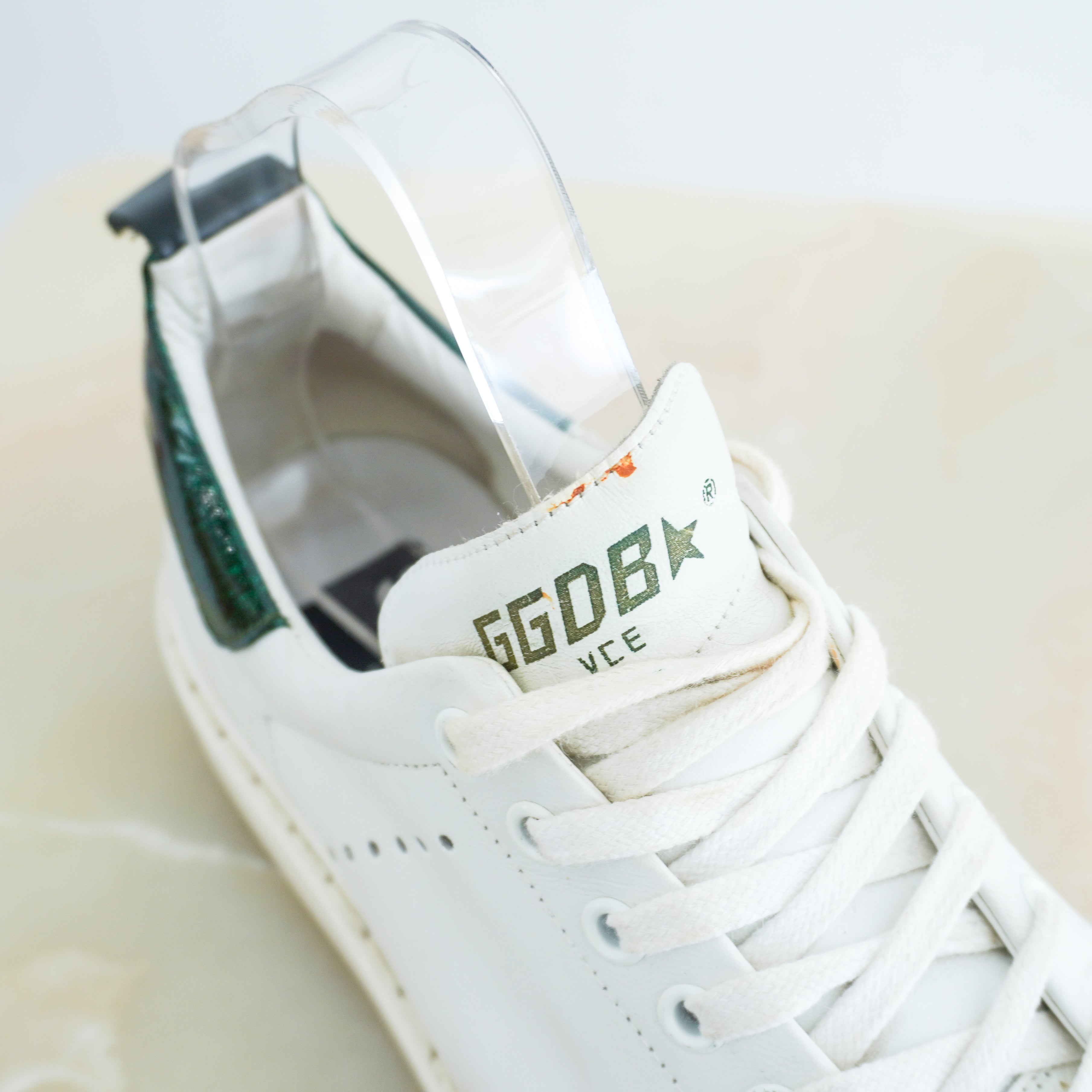 Golden Goose Starter White Leather Trainers Green Glitter Heel RRP £470 | Authentic Preloved