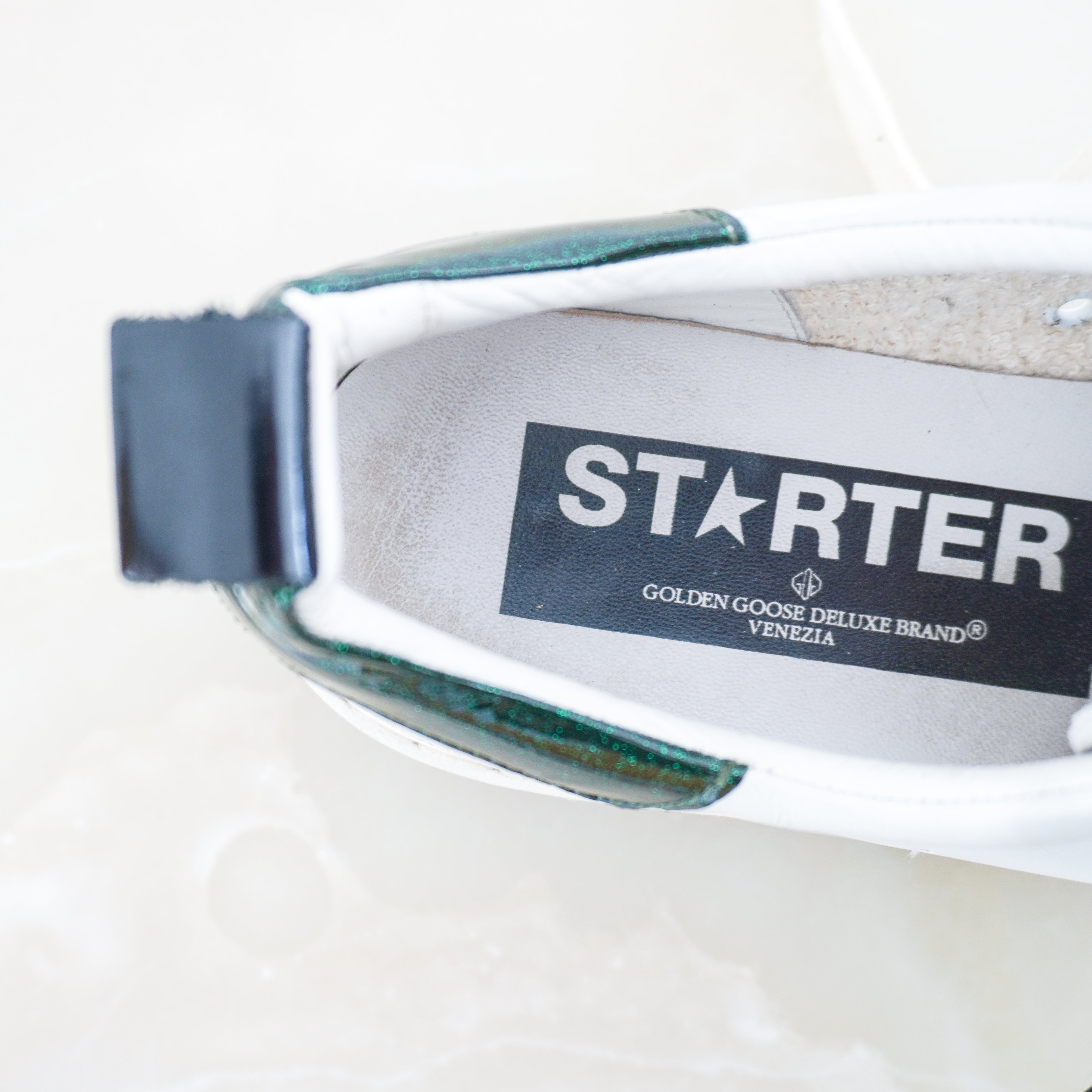Golden Goose Starter White Leather Trainers Green Glitter Heel RRP £470 | Authentic Preloved