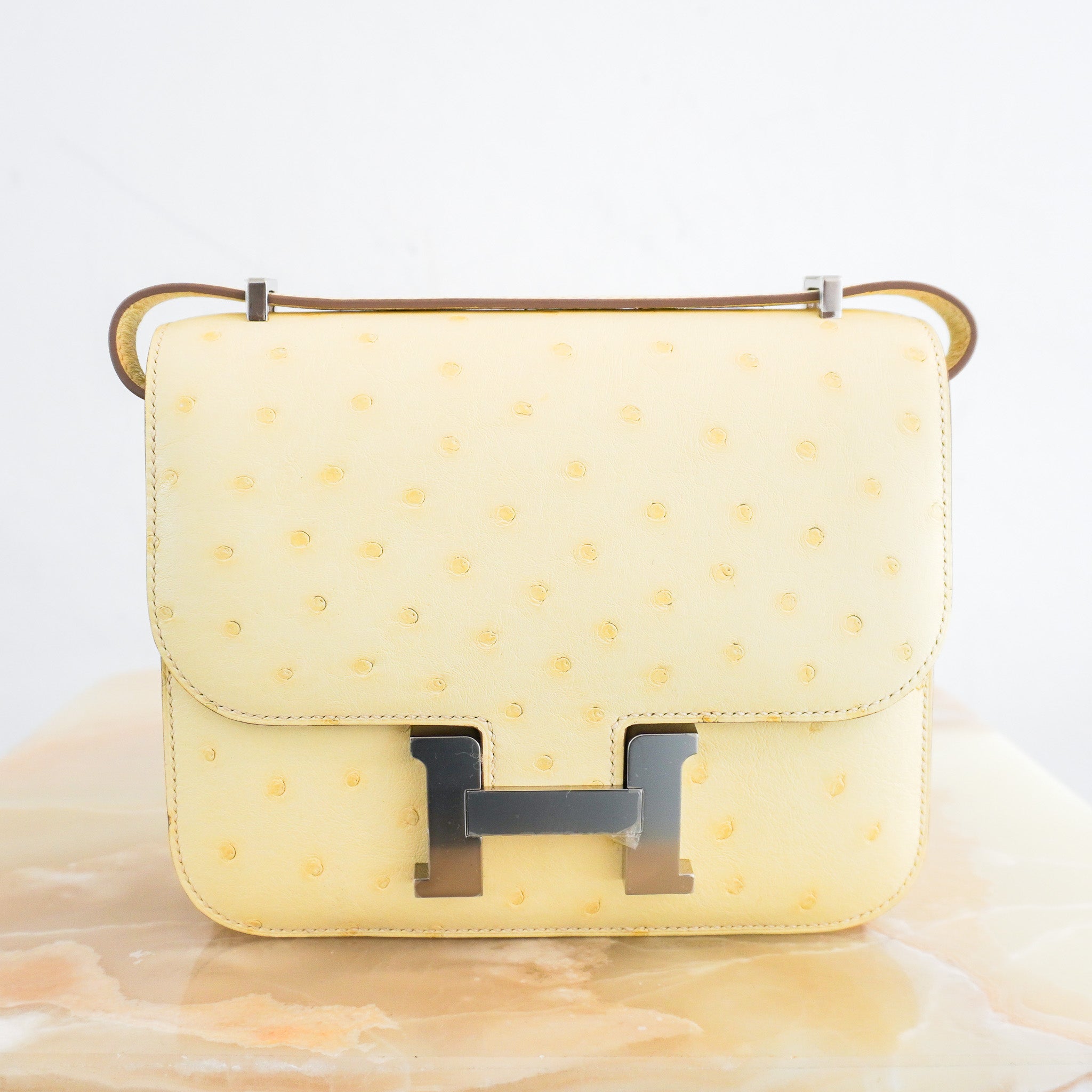 NEW Hermes Constance 18 Mini Ostrich Jaune Milton Palladium Hardware Bag | Authentic Preloved - Reloved Again