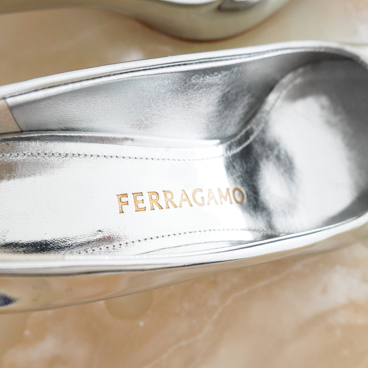 Salvatore Ferragamo Metallic Silver Pointed-Toe Kitten Heels (RRP £735) | Authentic Preloved