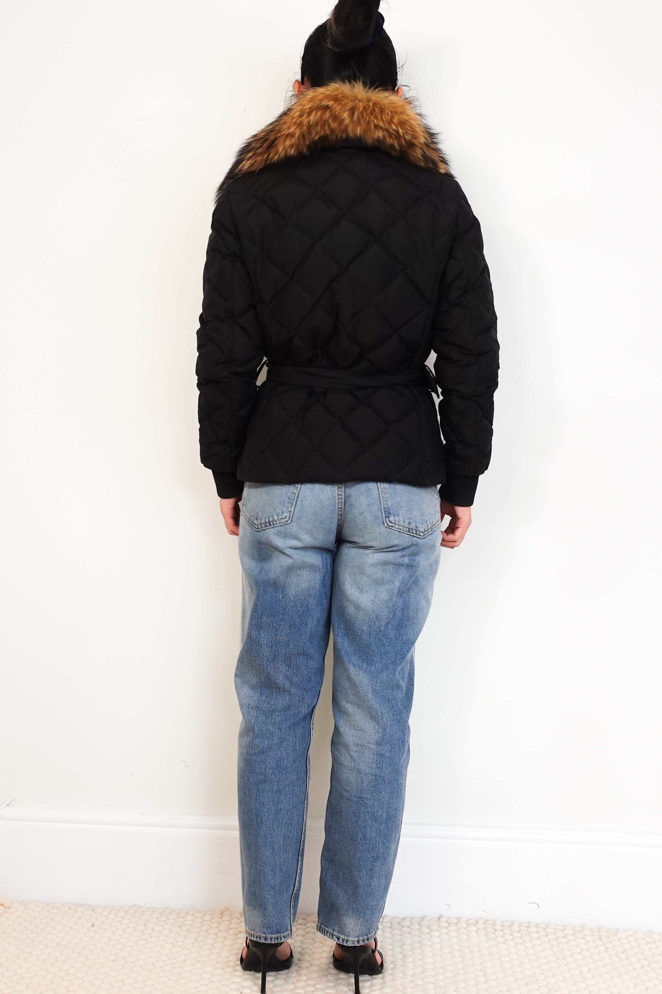 Moncler Black Virginia Quilted Fur Hood Belted Coat RRP £1000 | Authentic Preloved