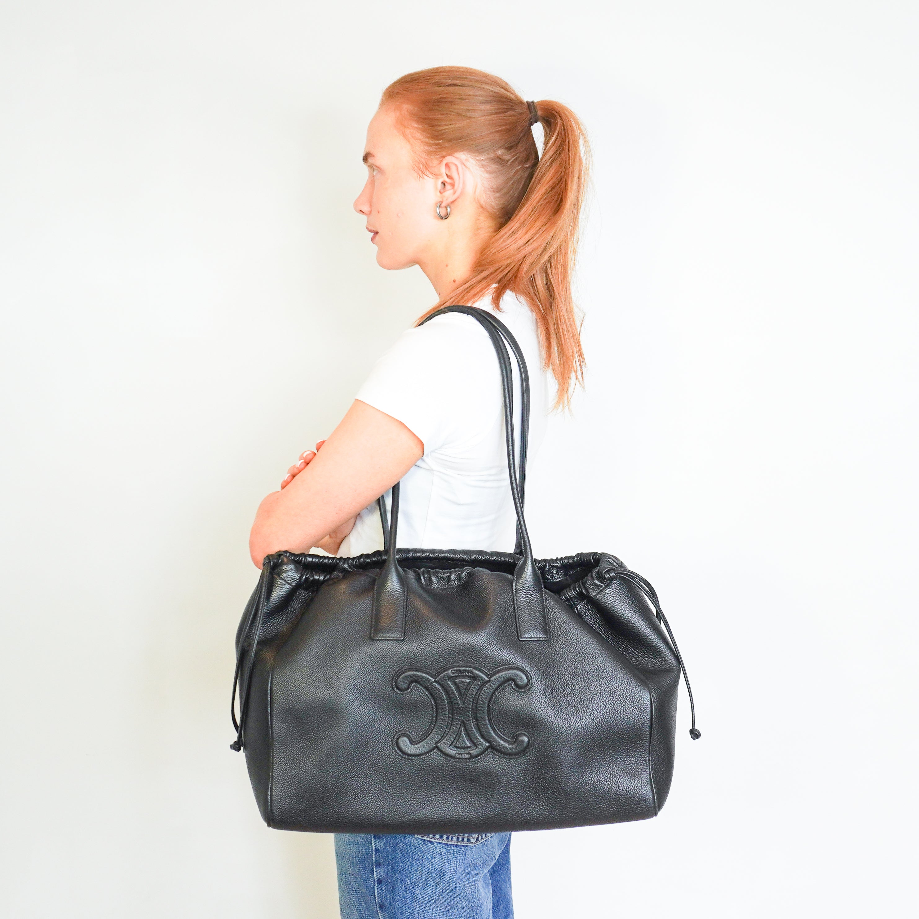 Celine Cuir Triomphe Cabas Drawstring Tote Bag in Grained Calfskin (RRP £2200) | Authentic Preloved