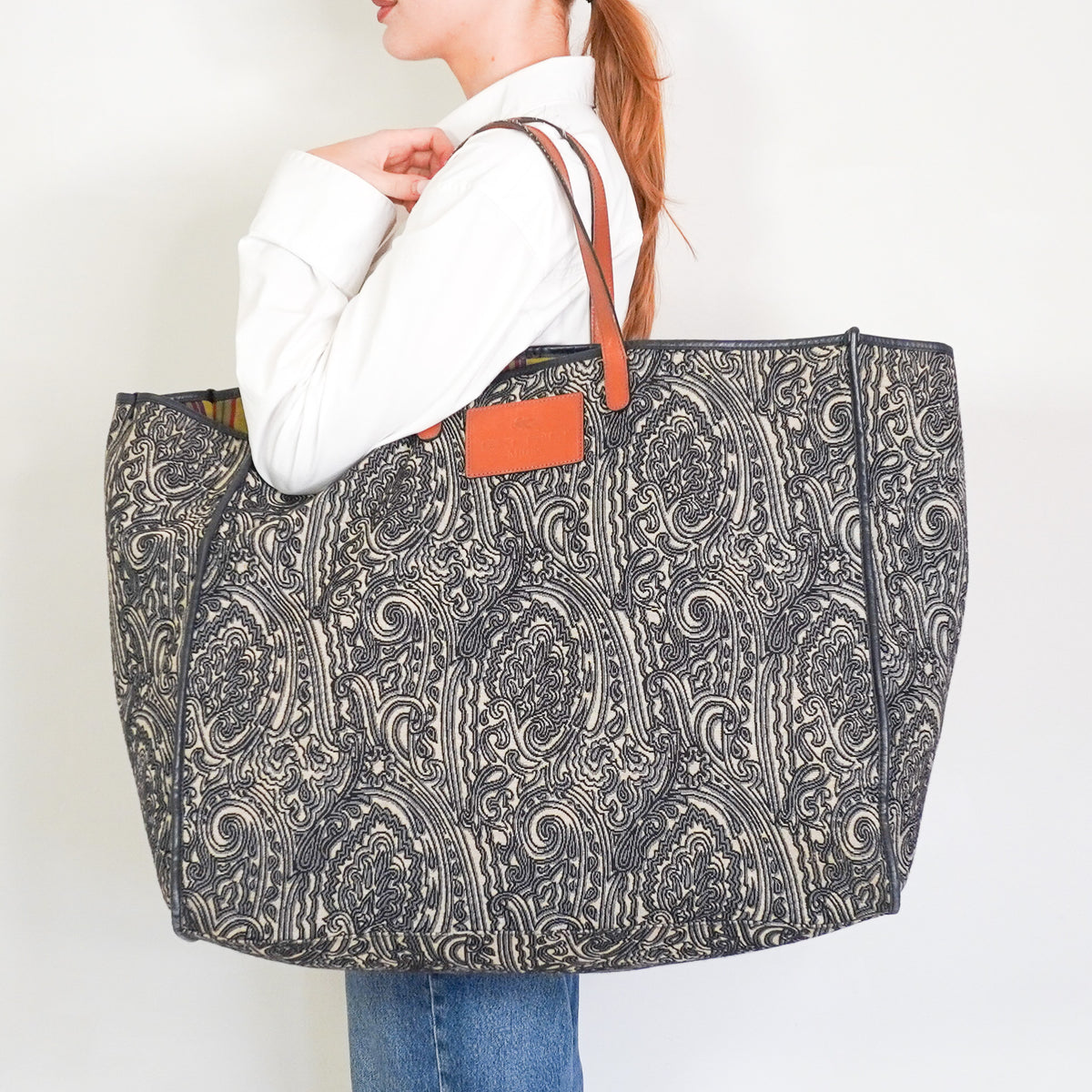Etro Navy Blue Paisley Jacquard and Leather Shopper Tote (RRP £400) | FINAL SALE