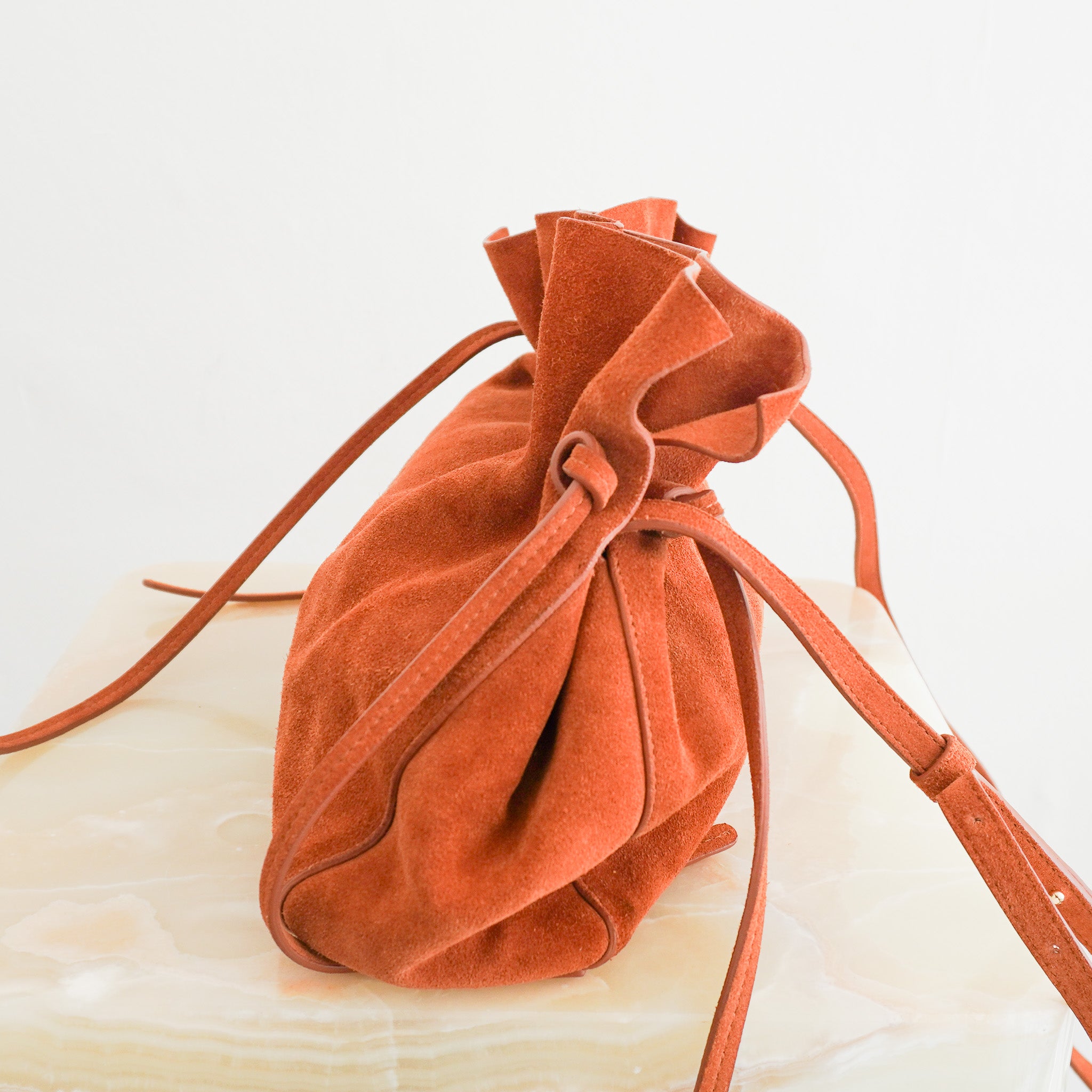 Mansur Gavriel Suede Drawstring Crossbody Bag Rust Leather | Authentic Preloved - Reloved Again