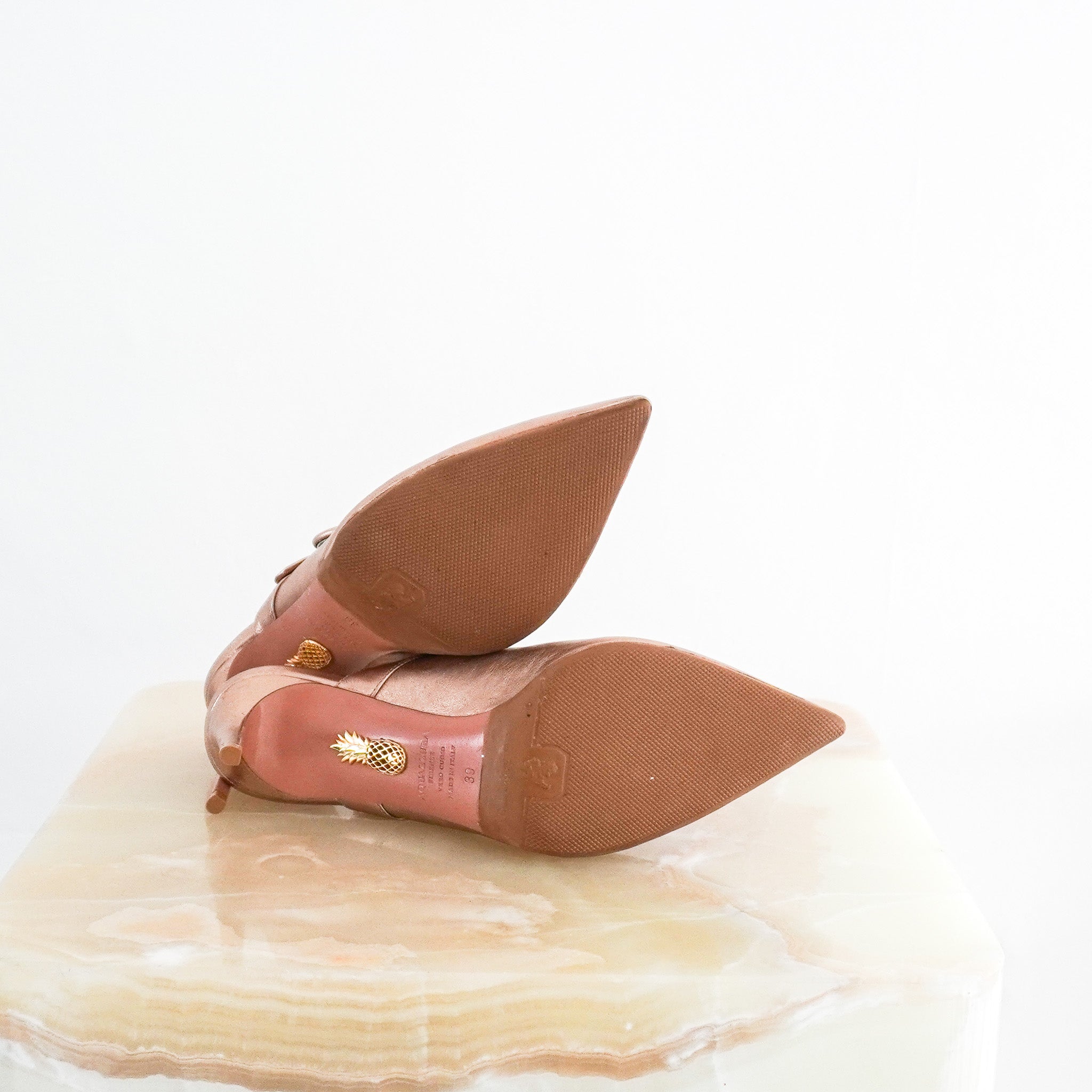 Aquazzura Blossom Point-Toe Mules in Rose Gold RRP £430 | Authentic Preloved