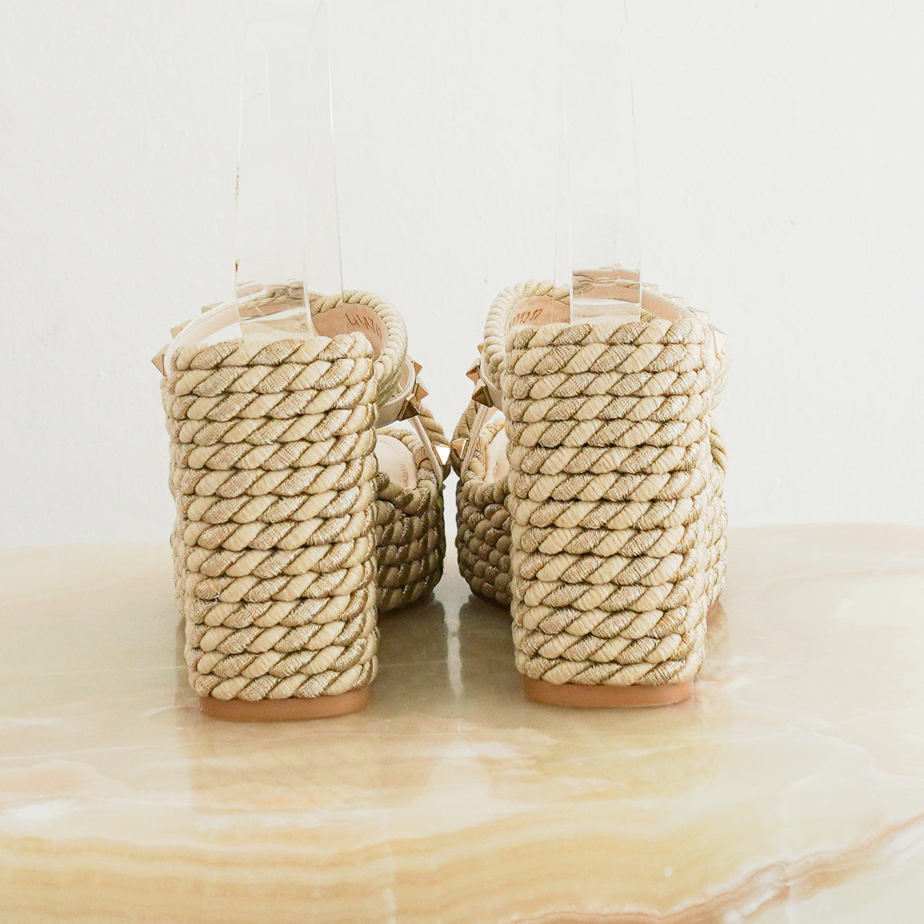 Valentino Rockstud Raffia Platform Wedge Sandals Cream & Metallic Thread RRP £800 | Authentic Preloved