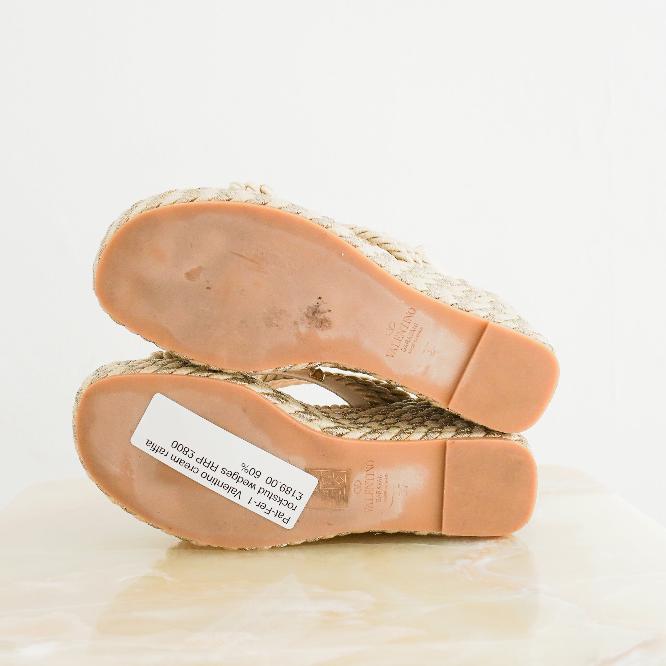 Valentino Rockstud Raffia Platform Wedge Sandals Cream & Metallic Thread RRP £800 | Authentic Preloved