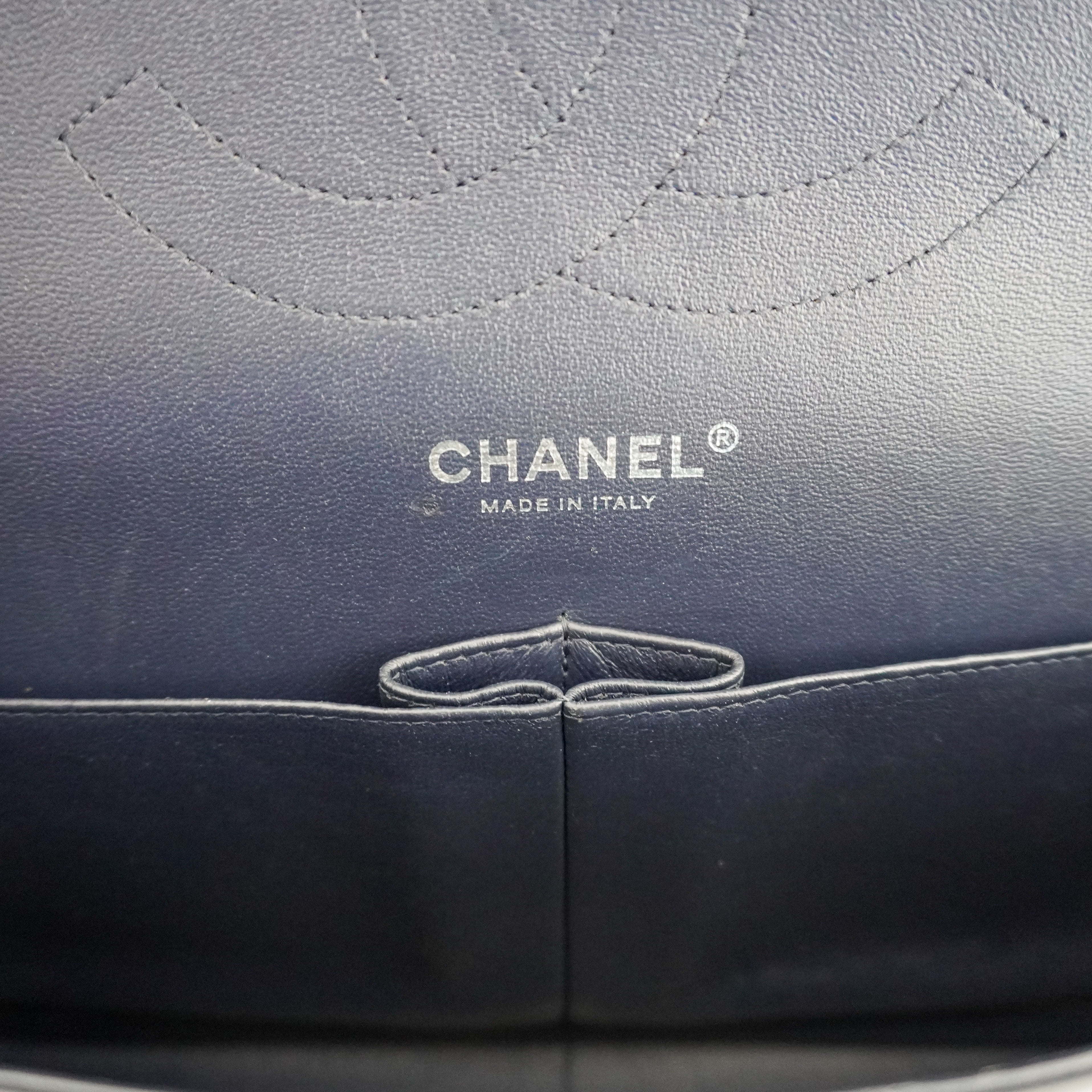 Chanel Large Classic Double Flap Bag Navy Lambskin with Silver Hardware (RRP £9500) | Authentic Preloved