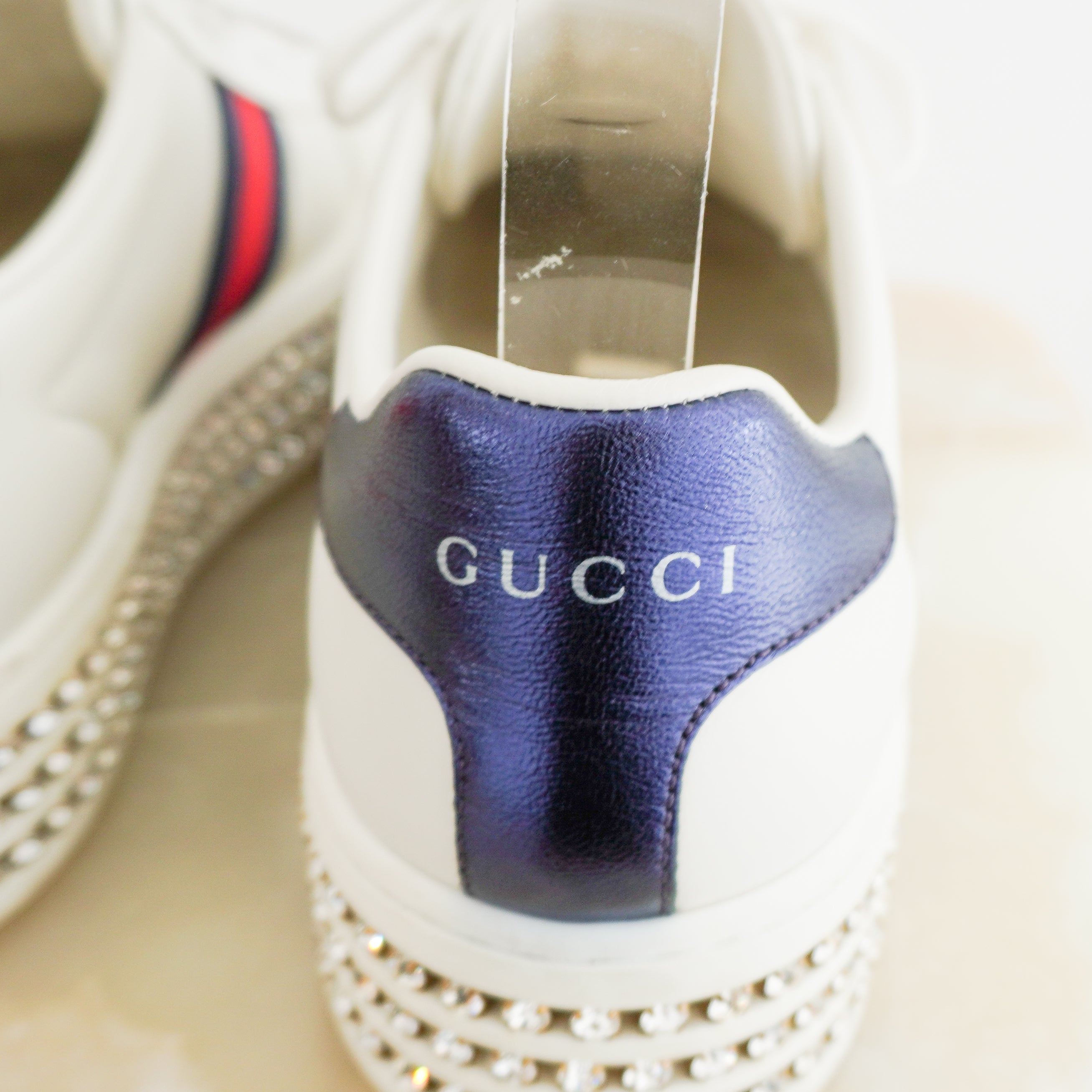 Gucci Ace Crystal Bee Platform Sneakers in White Leather (RRP £700) | Authentic Preloved