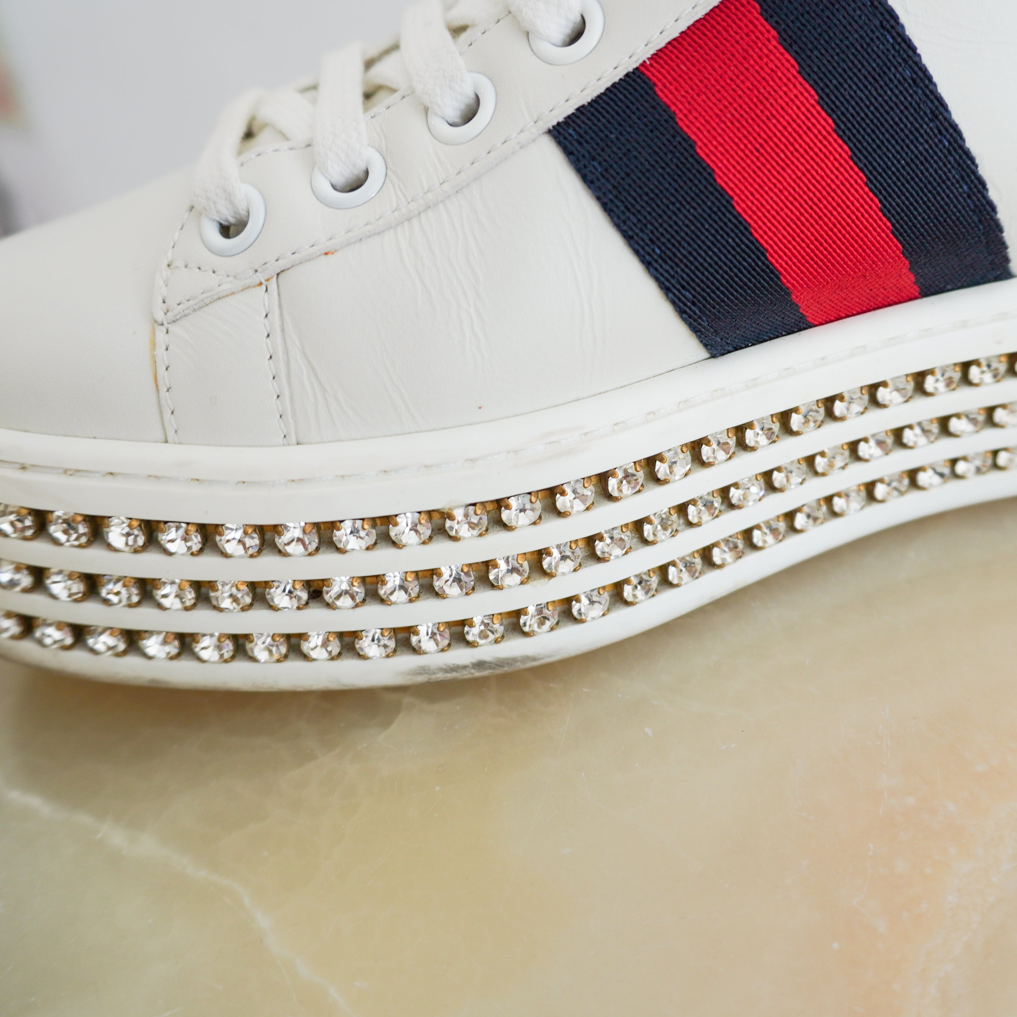 Gucci Ace Crystal Bee Platform Sneakers in White Leather (RRP £700) | Authentic Preloved