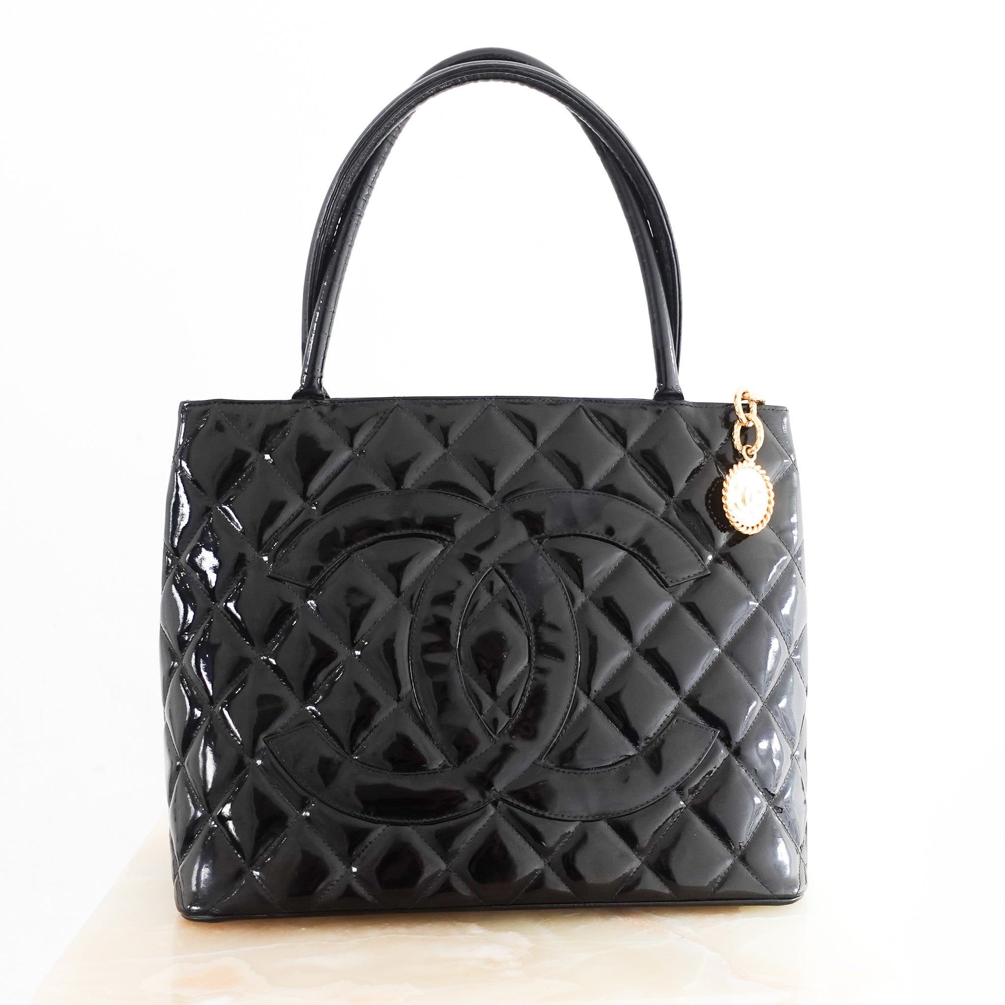 Chanel Vintage CC Black Patent Medallion Tote Bag RRP £3705 | Authentic Preloved - Reloved Again