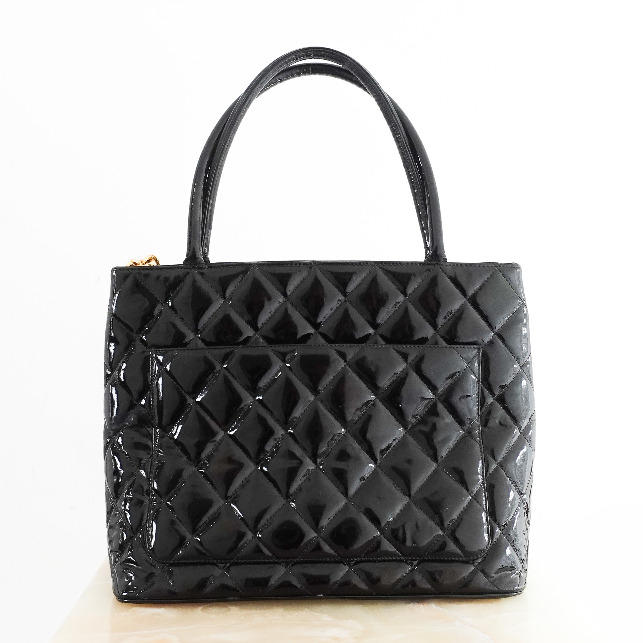 Chanel Vintage CC Black Patent Medallion Tote Bag RRP £3705 | Authentic Preloved - Reloved Again