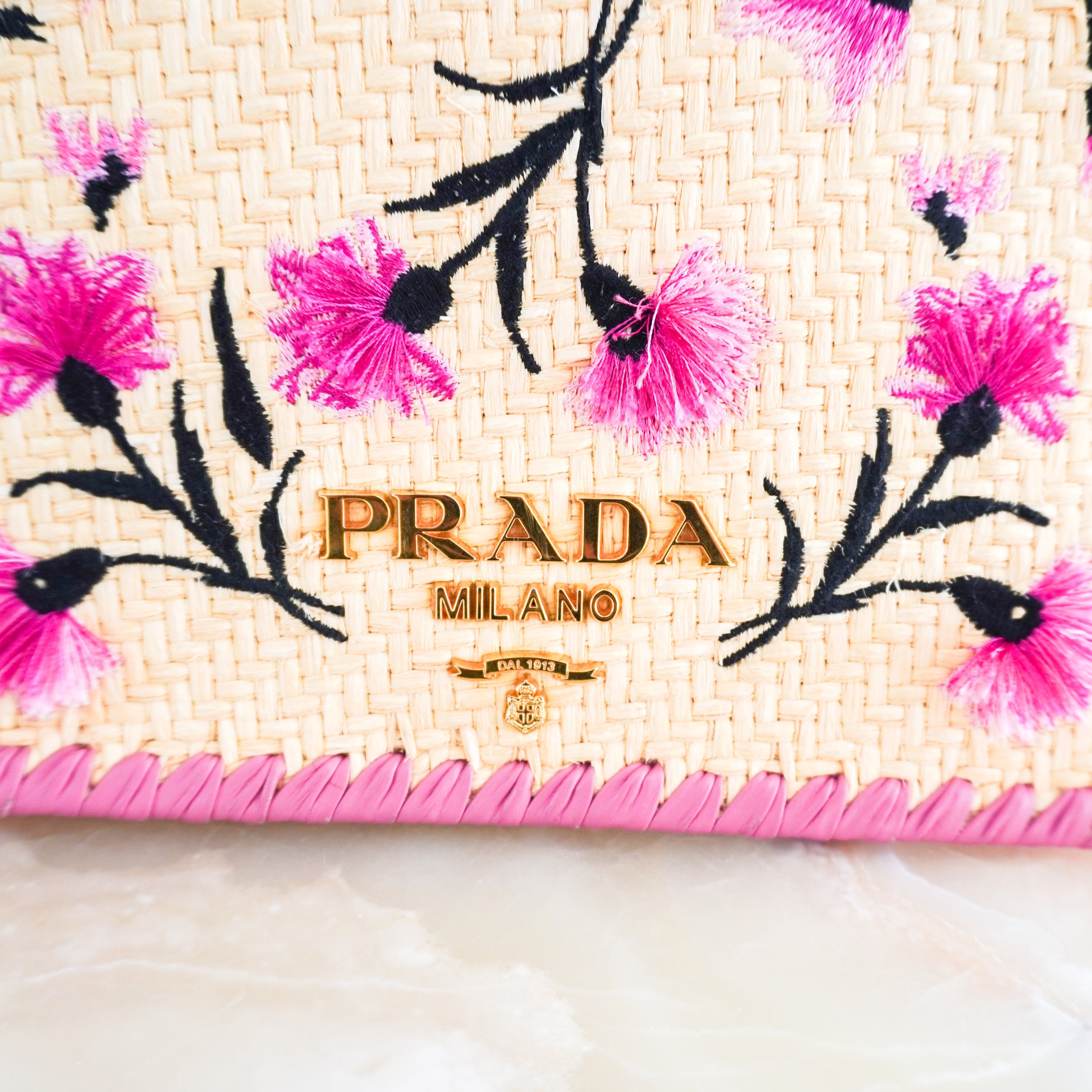 Prada Pink Floral Raffia Paglia Ricamo Crossbody Bag RRP £1150 | Authentic Preloved