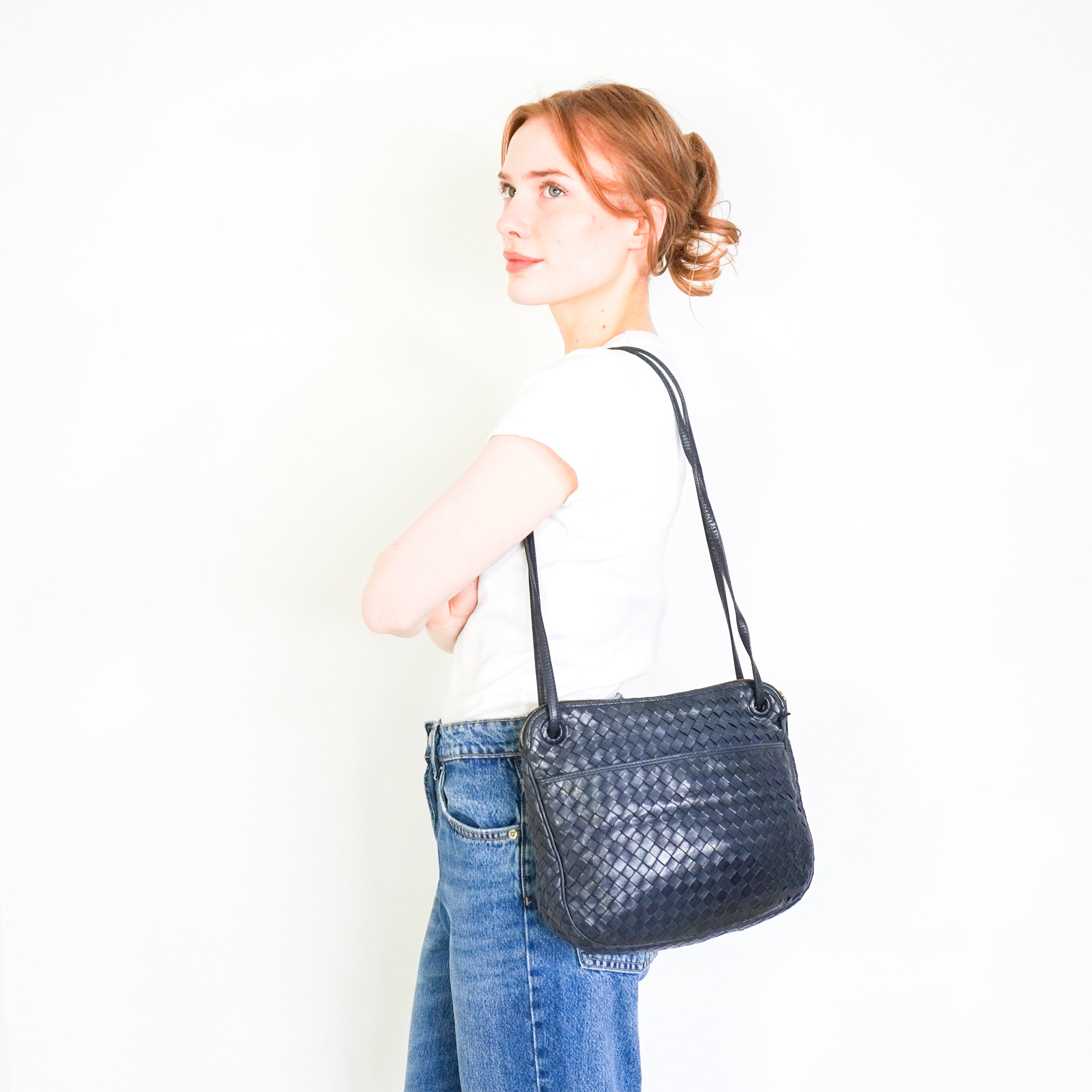 Bottega Veneta Vintage Intreciatto Crossbody Bag in Navy | Authentic Preloved