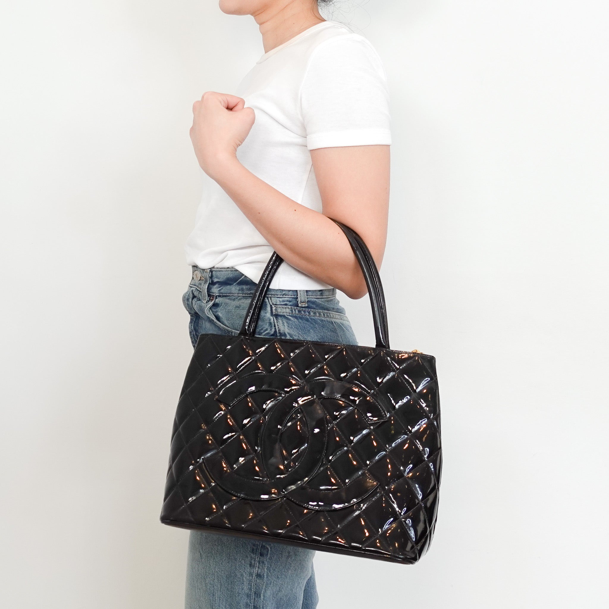 Chanel Vintage CC Black Patent Medallion Tote Bag RRP £3705 | Authentic Preloved - Reloved Again