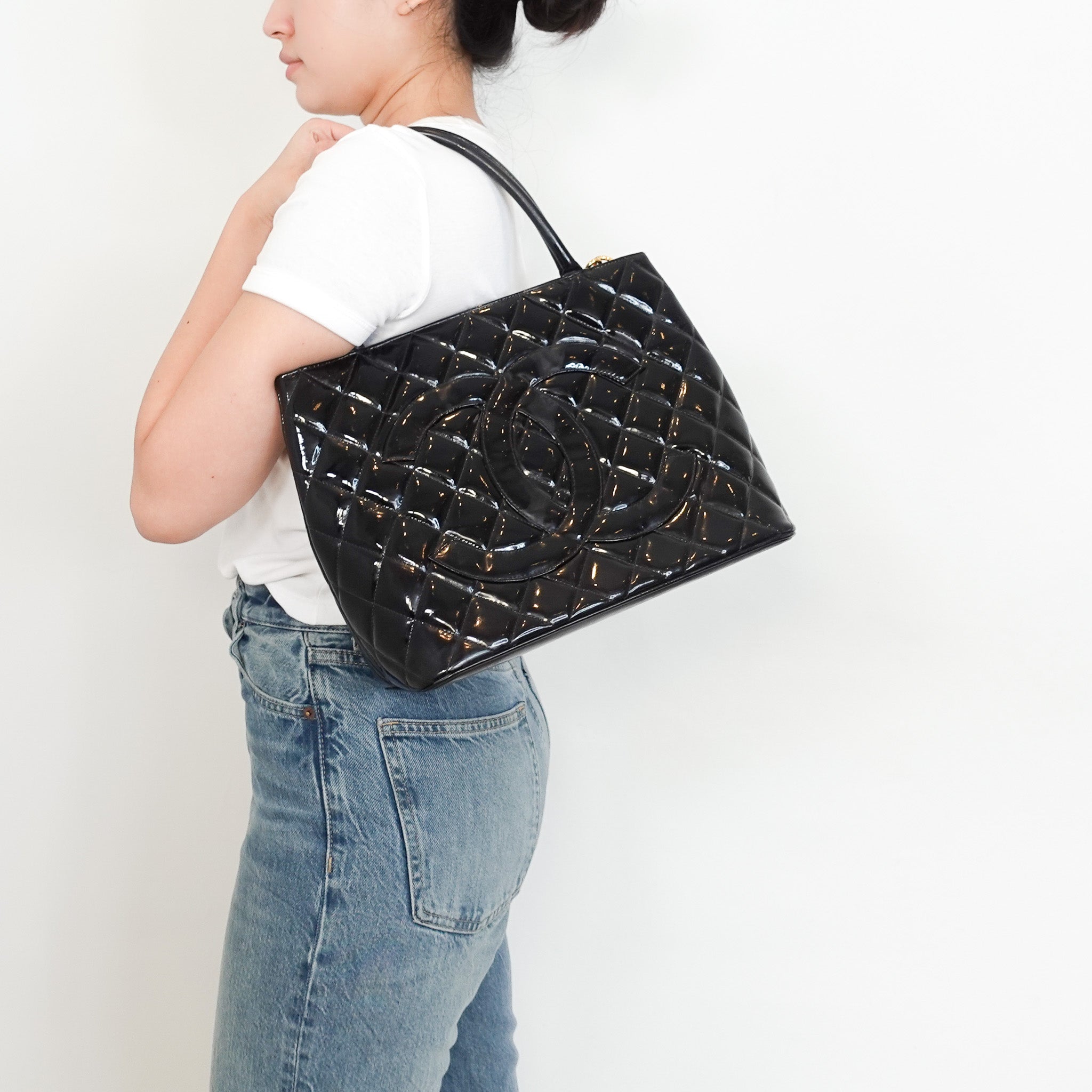 Chanel Vintage CC Black Patent Medallion Tote Bag RRP £3705 | Authentic Preloved - Reloved Again