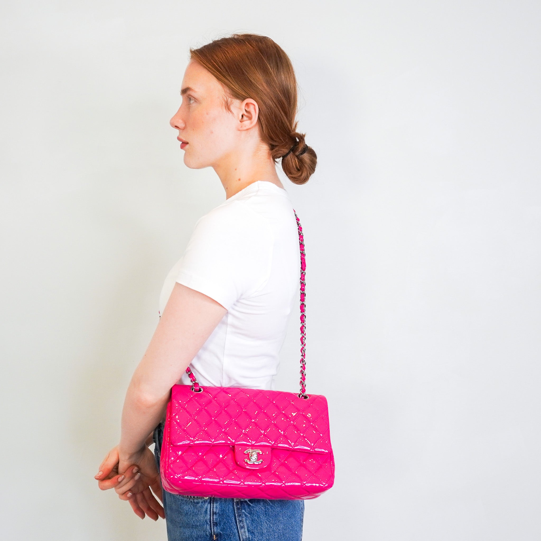 Chanel Classic 11:12 Medium Patent Double Flap Handbag in Pink RRP £8850 | Authentic Preloved - Reloved Again