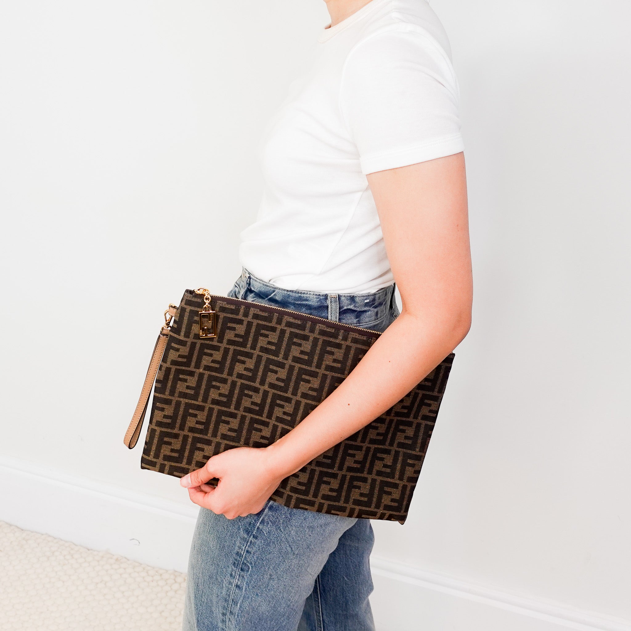 NEW CURRENT SEASON Fendi Brown FF Jacquard Fabric Pouch RRP £610 | Authentic Preloved