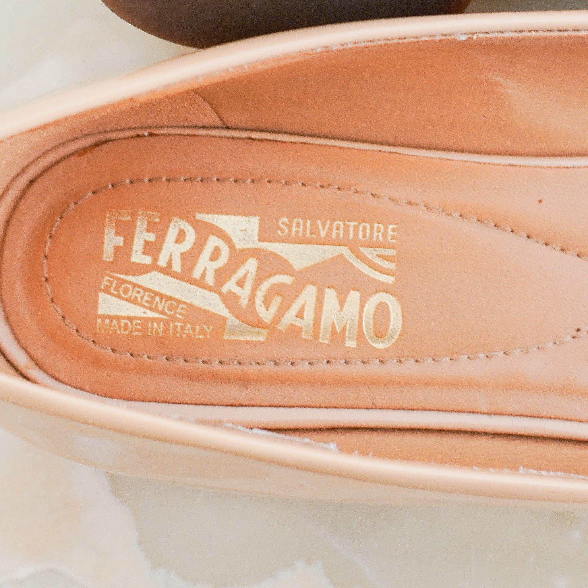 Salvatore Ferragamo Tan Patent Bow Pumps (RRP £680) | Authentic Preloved