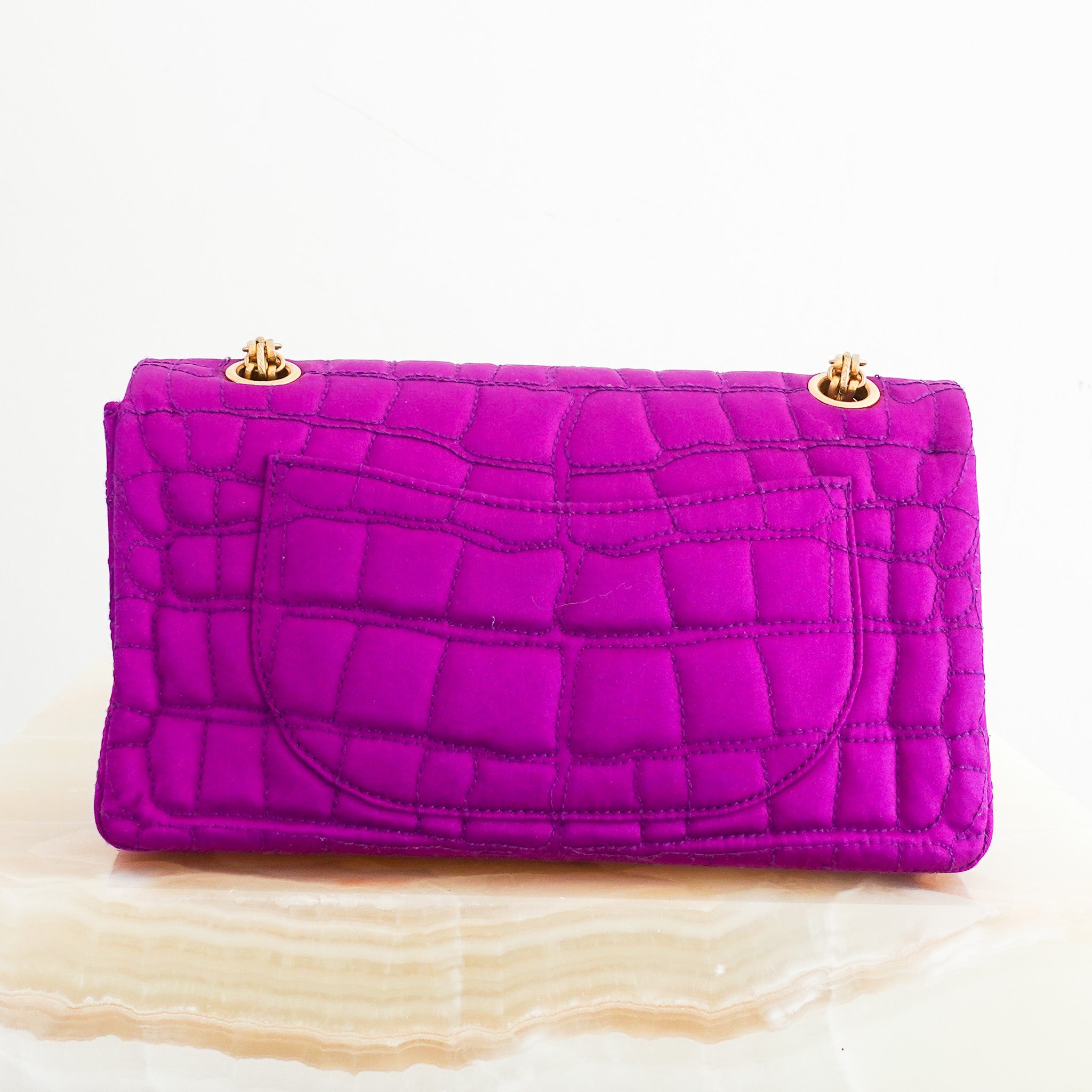 Purple satin reissue 2.55 flap bag RRP £4.5k