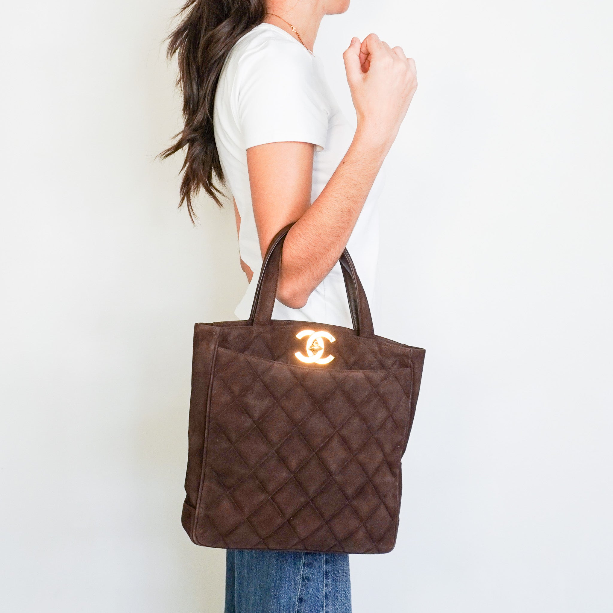 Chanel Vintage Brown Quilted Suede CC Tote Bag | Authentic Preloved