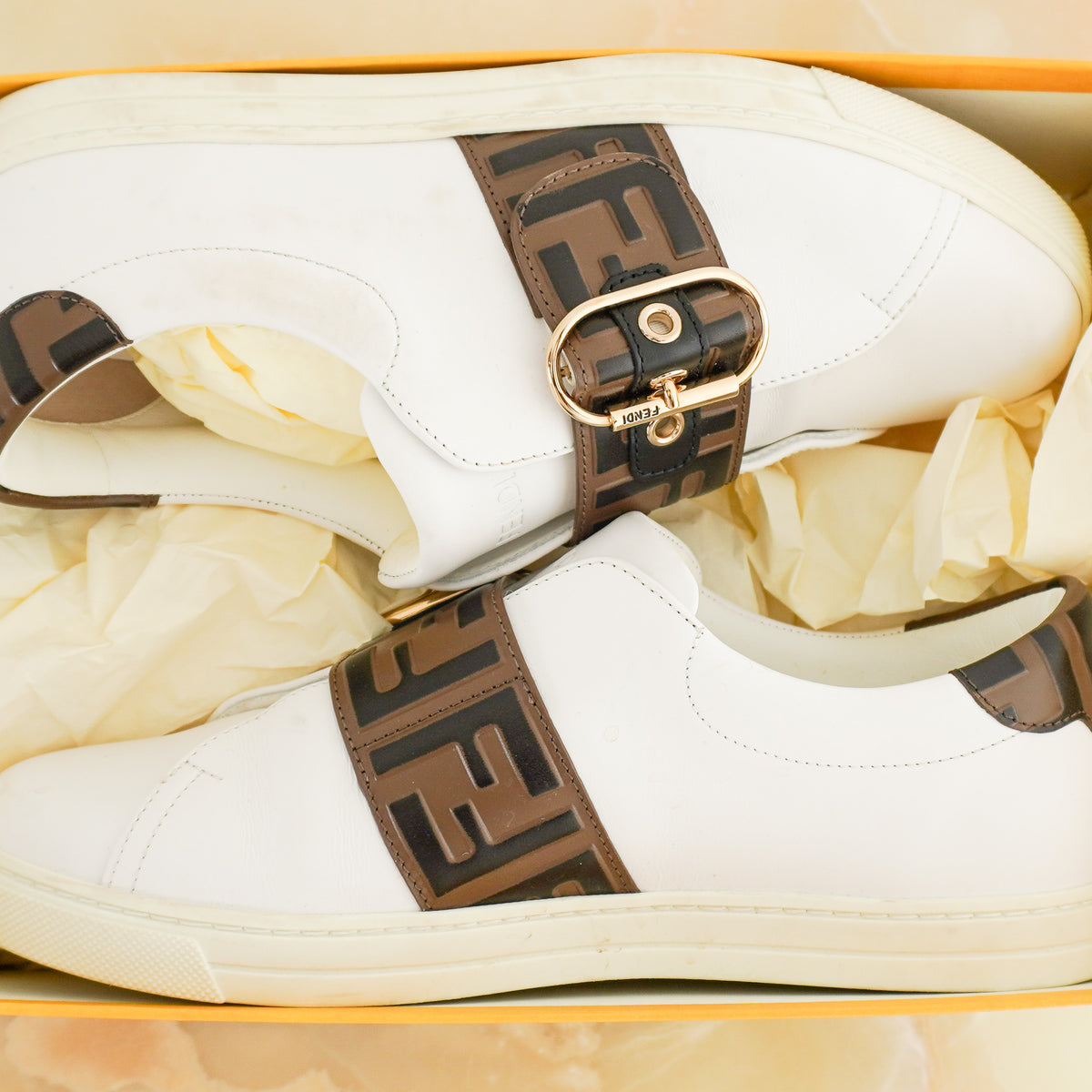 Fendi Signature FF Leather Buckle Trainers (RRP £550) | Authentic Preloved