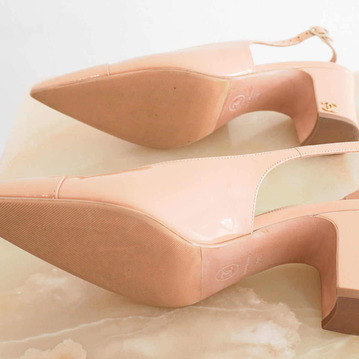 Chanel Beige Patent Slingbacks (RRP £1000) | Authentic Preloved