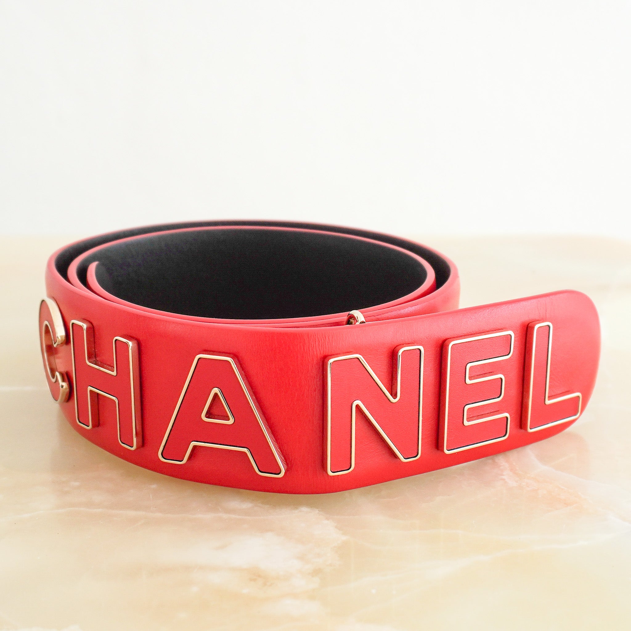 Chanel Logo Letter Belt in Red Calfskin Leather £860 | Authentic Preloved