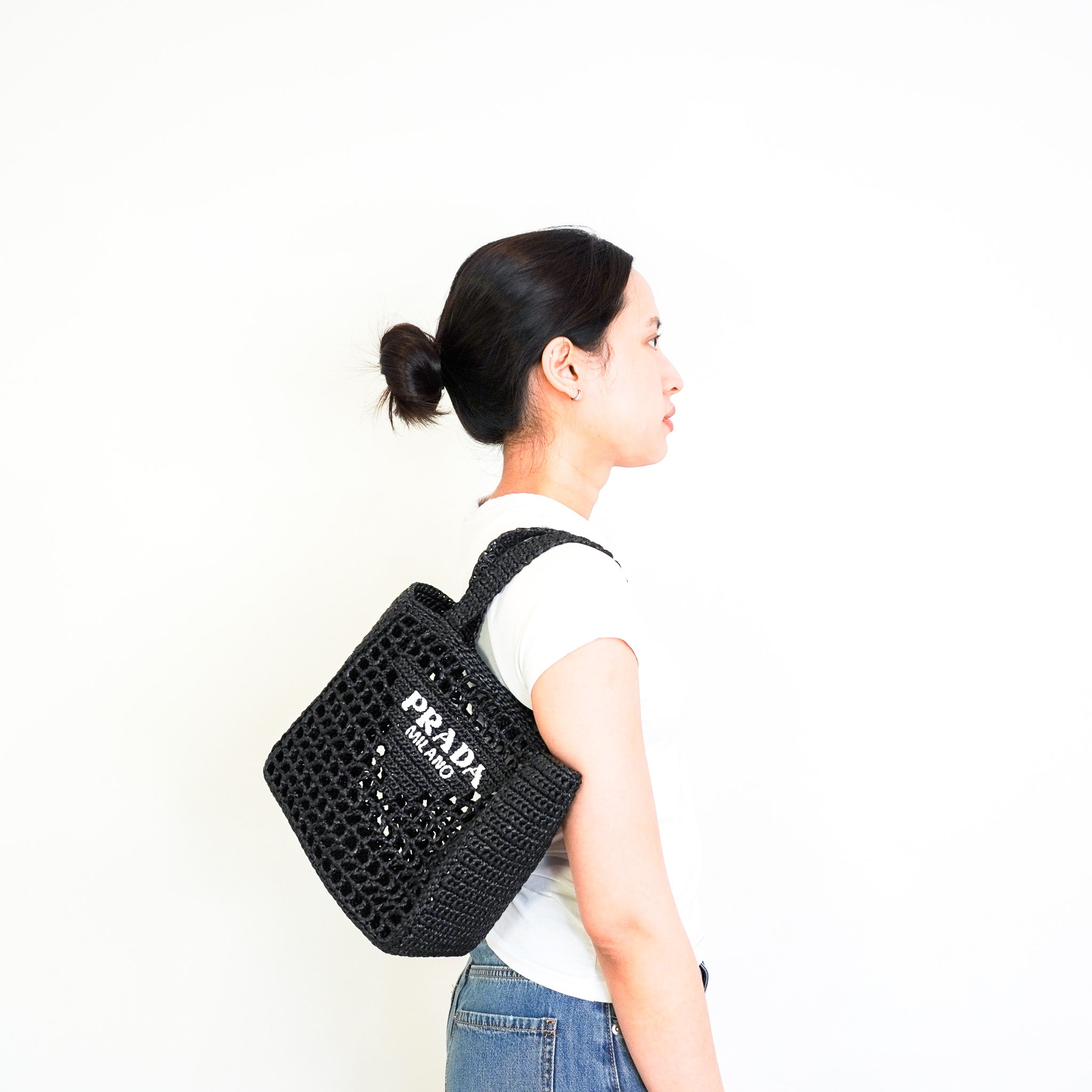 Prada Crochet Raffia Tote in Black RRP £1450 | Authentic and Preloved - Reloved Again